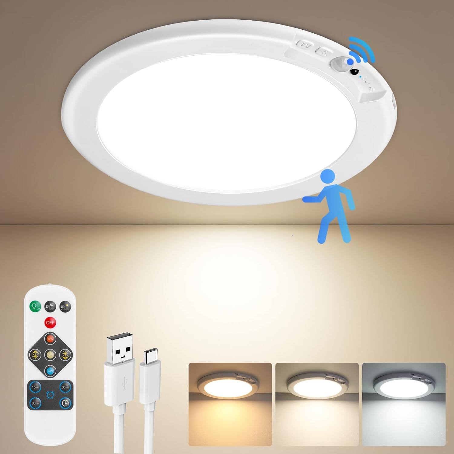 Front. ACJPR - Rechargeable Motion Sensor LED Ceiling Light, Dimmable, 3-Color (74).