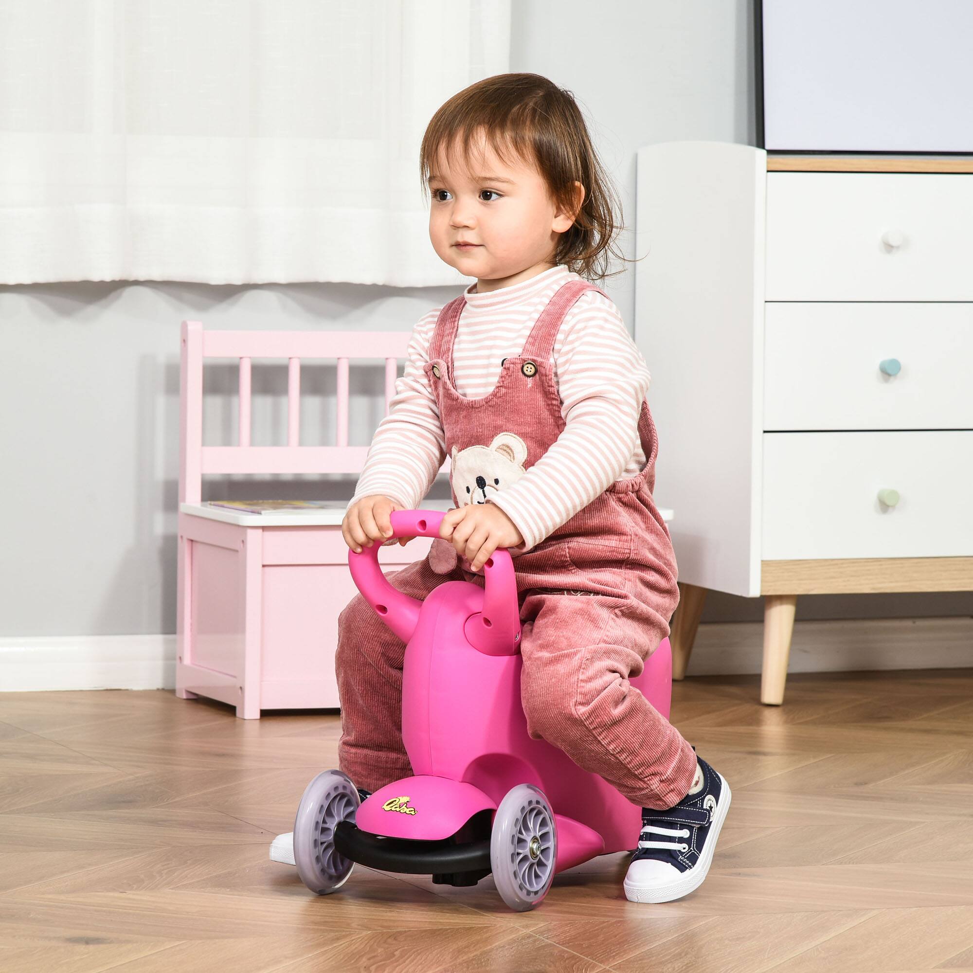 Alt View 6. Glintex - 3-in-1 Ride On Push Car, Scooter, Adjustable Handlebar, 3 Balanced Wheels, Removable Storage Seat, Aged 2-6 Years Olds - Pink.