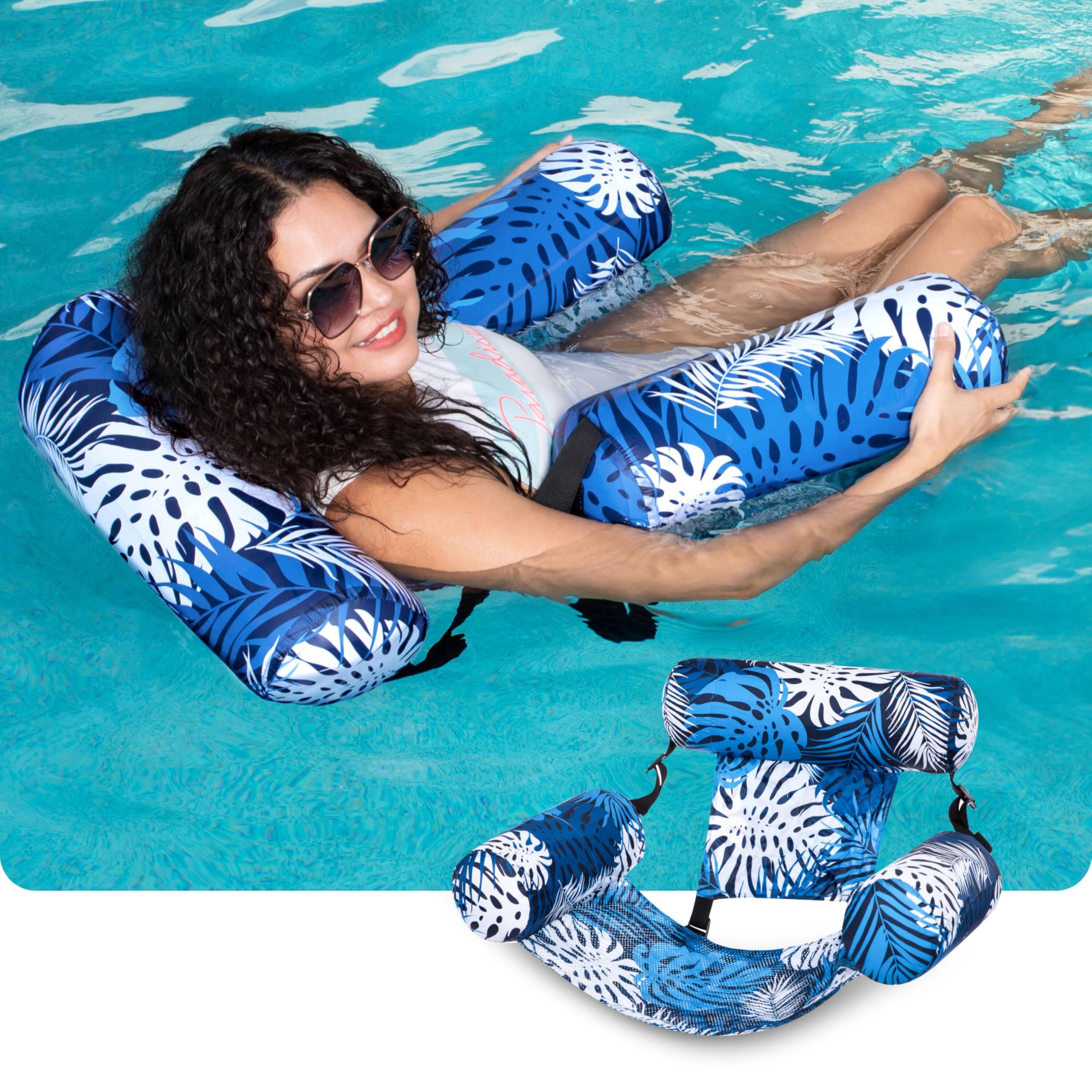 Angle. Joyfy - Pool Floats Chairs, Inflatable Pool Lounge Chair, Tropical Leaves Beach Lake Floaties Hammock for Fun - Blue - Multicolor.