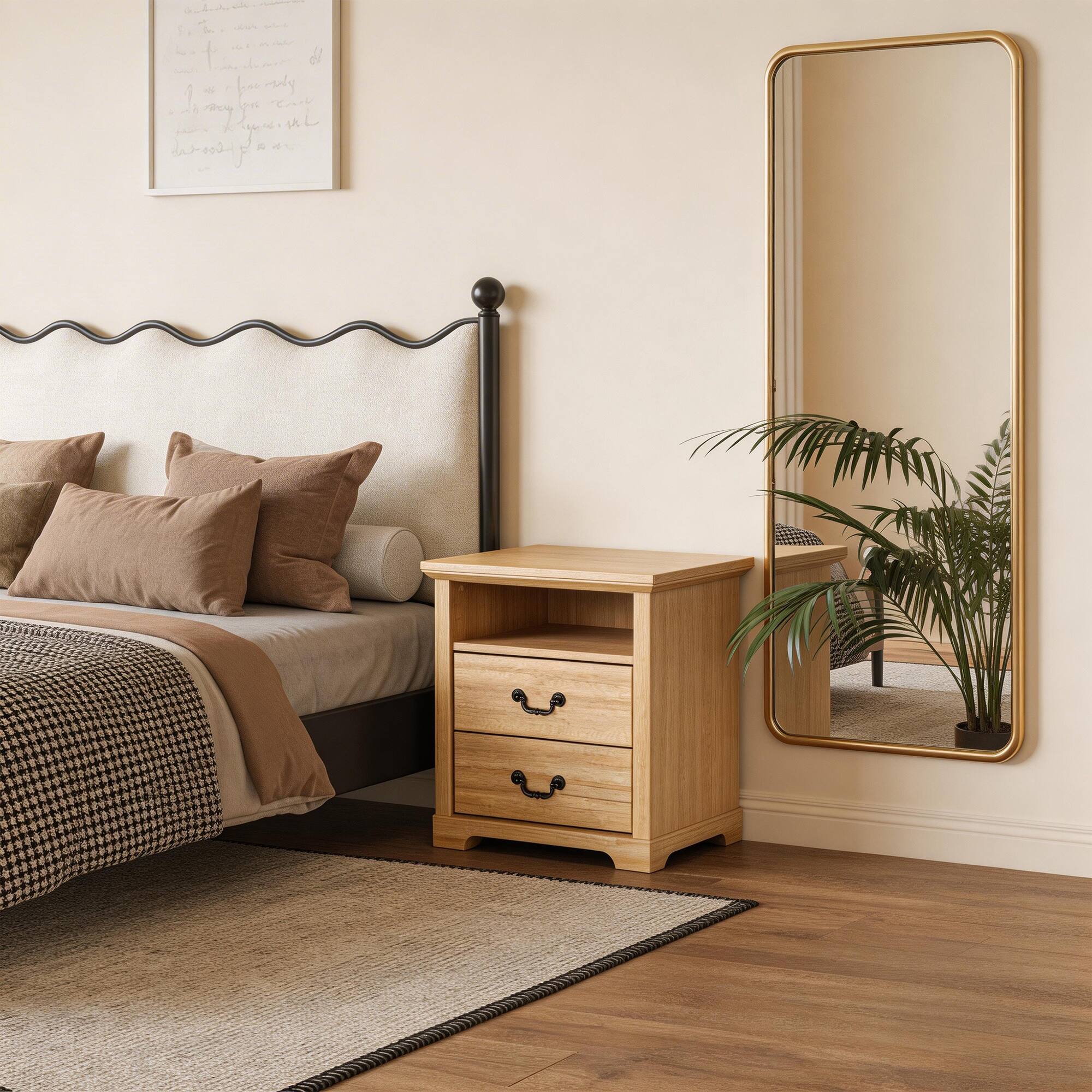 Back. Vaczon - Rustic Natural Nightstand Bedside Table with Open Shelf and 2 Drawers - Natural.