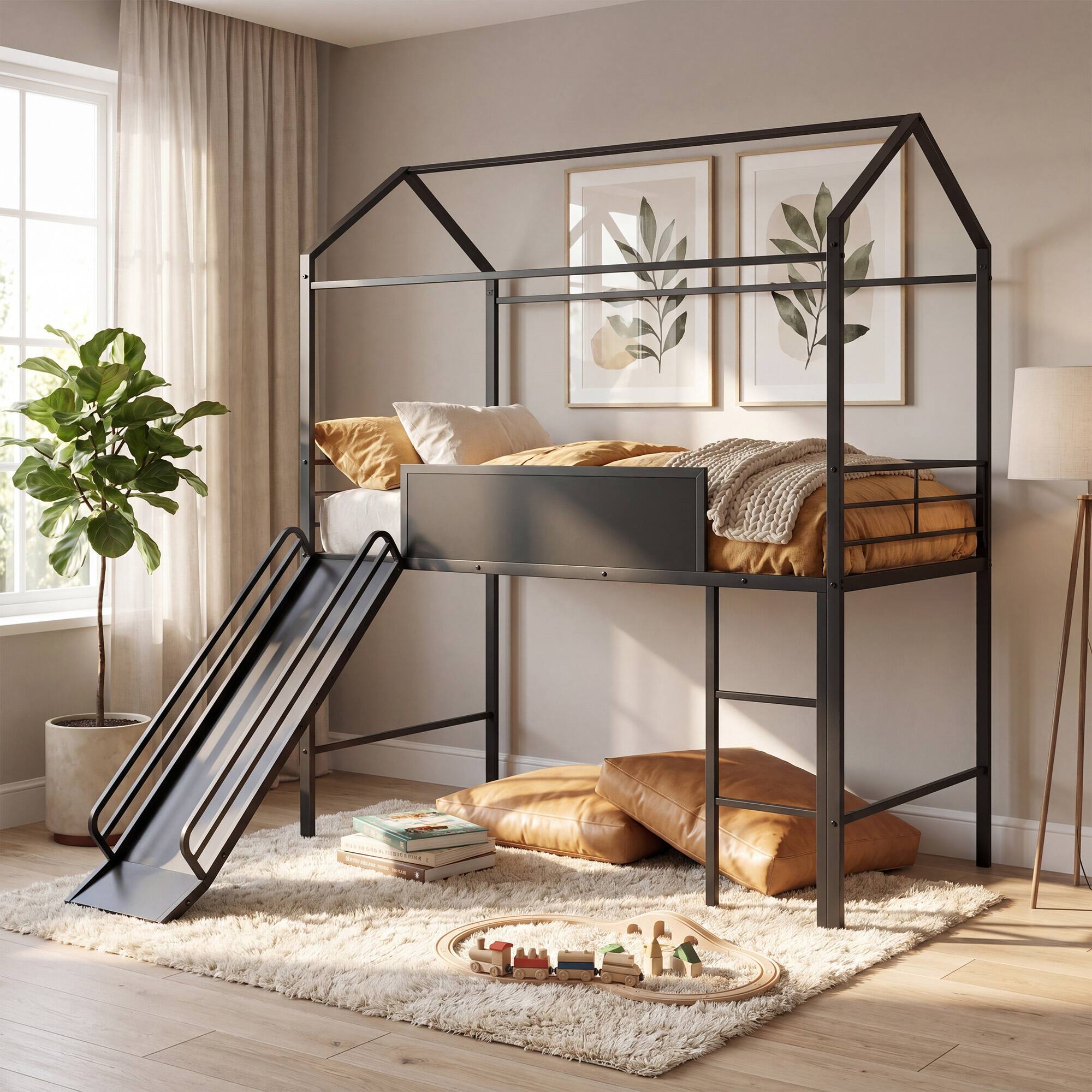 Alt View 4. Costway - Costway Twin Size House-Shaped Bed Frame with Slide Chalkboard & Metal Slats for Bedroom Dormitory - Black.