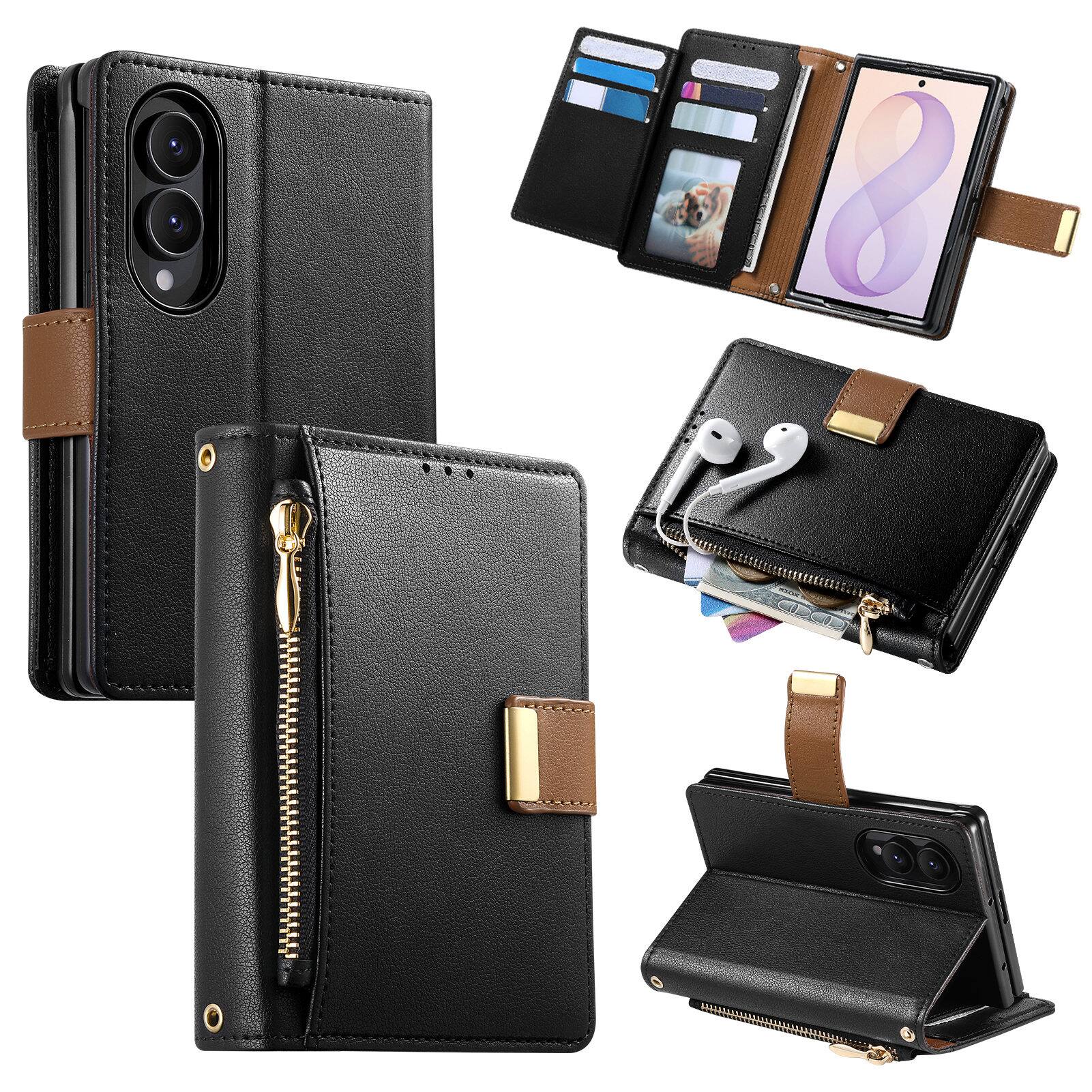 Front. UUCOVER - Magnetic Zipper Wallet Case for Samsung Galaxy Z Fold 8,Shockproof Leather+PC Card Slots Wallet Case Stand Cover - Black.