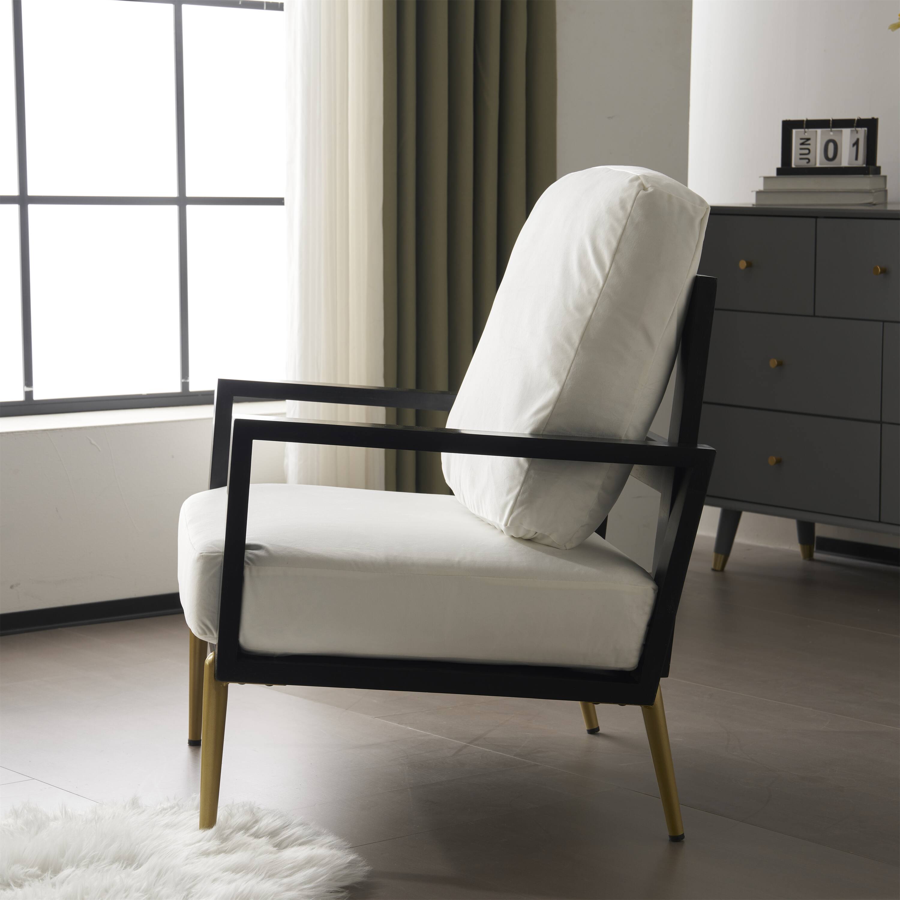 Alt View 6. SlickBlue - Modern Upholstered Lounge Chair with Pillow Back, White Fabric Seat & Gold Legs for Bedroom, Living Room, or Balcony - White.