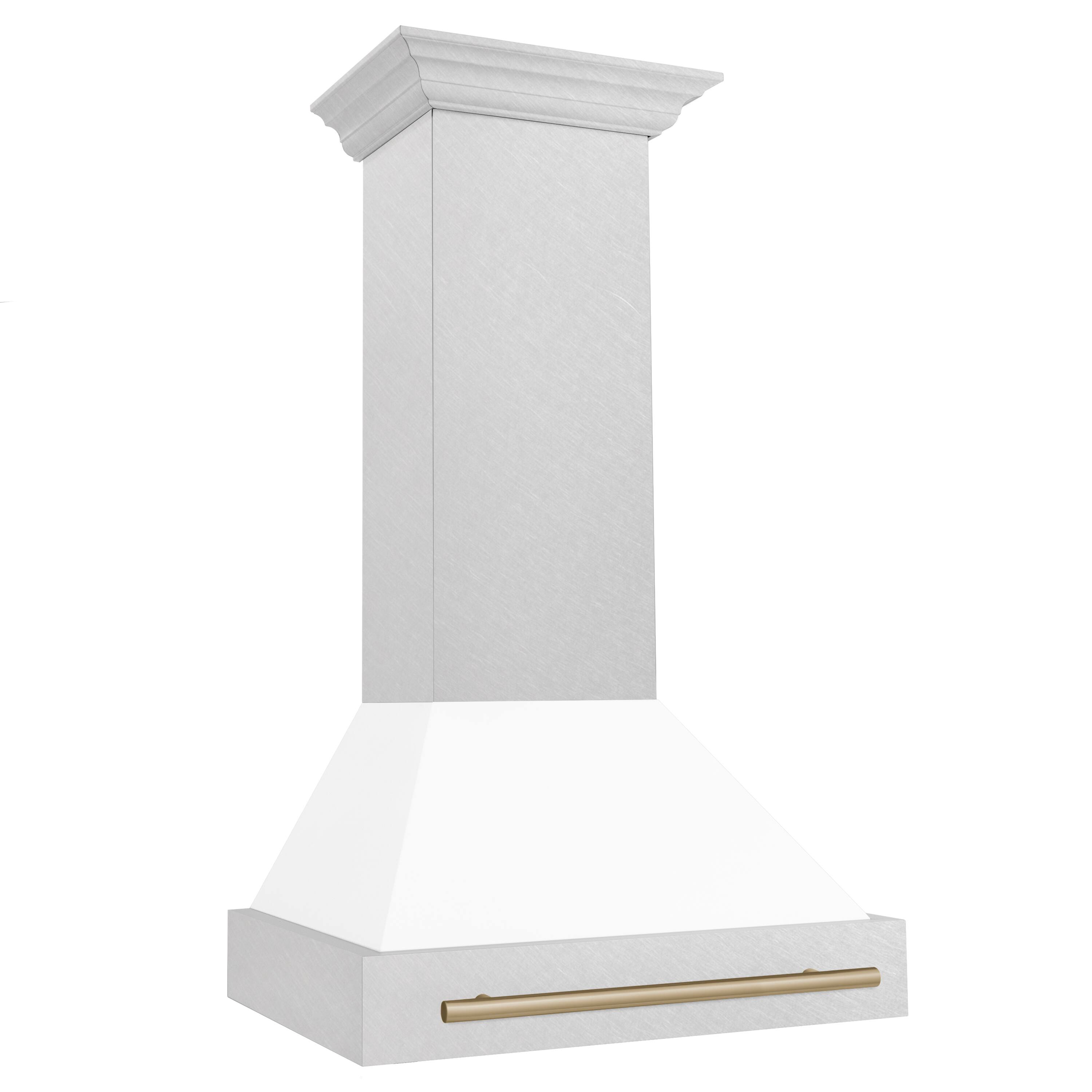 Angle. ZLINE - ZLINE Autograph 30 in. Satin Stainless Steel Wall Mount Range Hood with White Matte Shell and Champagne Bronze Handle - Satin Stainless Steel with White Matte Shell.
