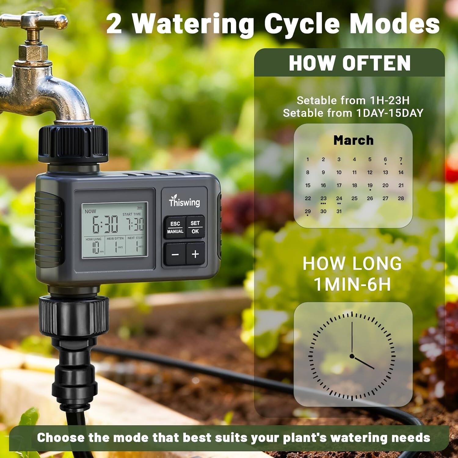 2 Watering Cycle Modes

HOW OFTEN
Setable from 1H-23H
Setable from 1DAY-15DAY

March
1 2 3 4 5 6 7
8 9 10 11 12 13 14
15 16 17 18 19 20 21
22 23 24 25 26 27 28
29 30 31

HOW LONG
1MIN-6H

Choose the mode that best suits your plant's watering needs