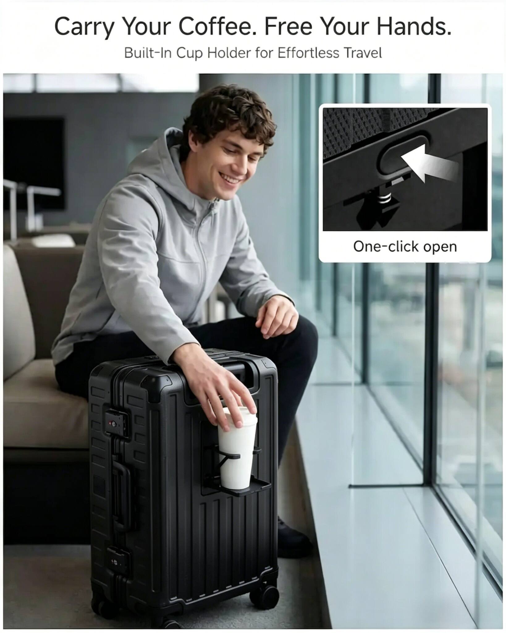 Carry Your Coffee. Free Your Hands.  
Built-In Cup Holder for Effortless Travel  
One-click open