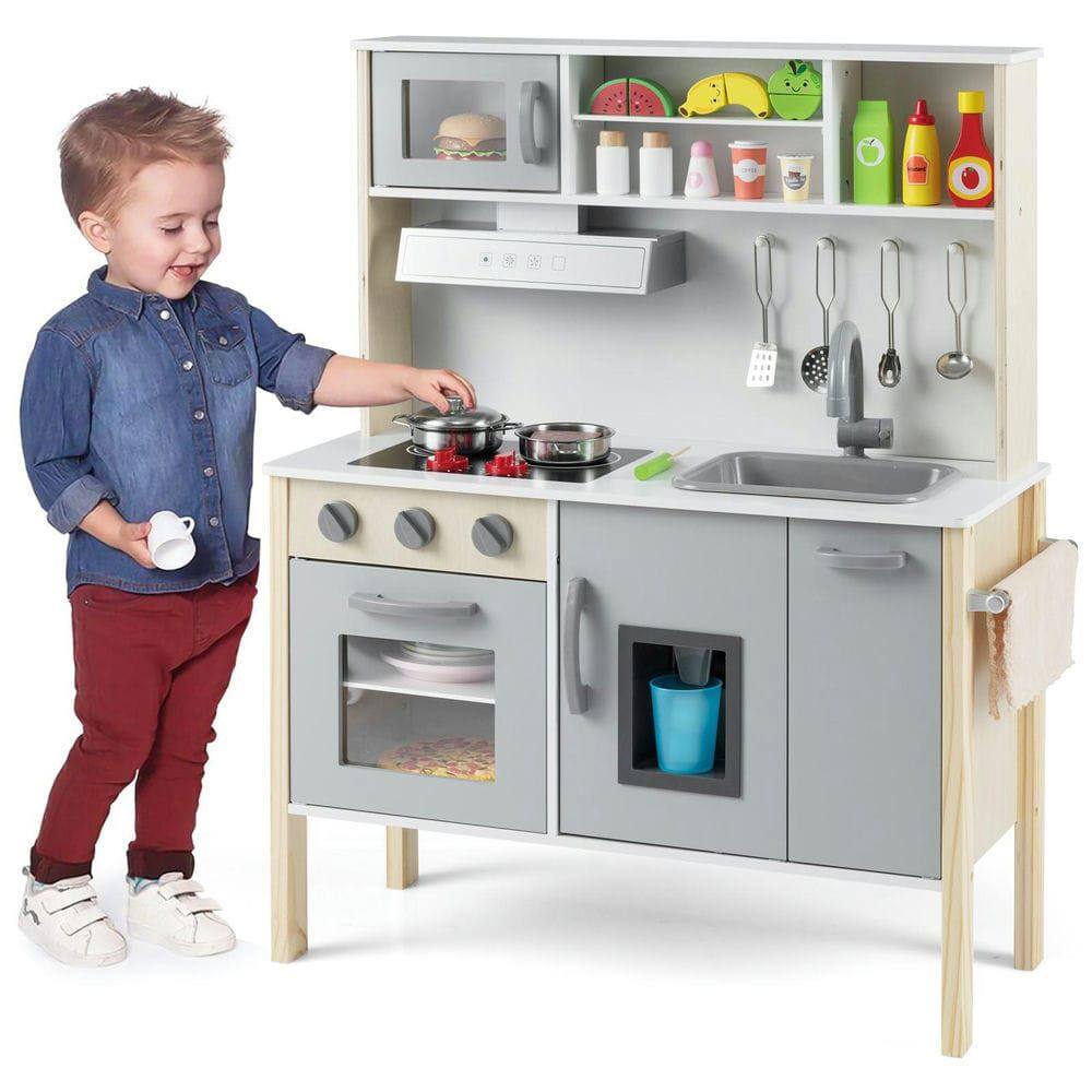 Alt View 3. Resenkos - Wooden Pretend Play Kitchen Set for Toddlers - Role-Play Toy Kitchen - Gray.