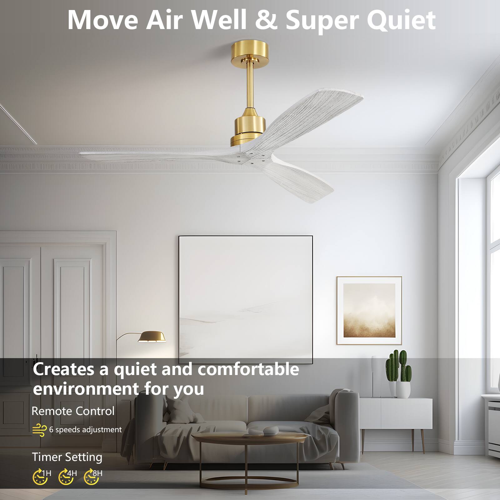 Move Air Well & Super Quiet

Creates a quiet and comfortable environment for you

Remote Control
- 6 speeds adjustment
- Timer Setting
  - 1H
  - 4H
  - 8H