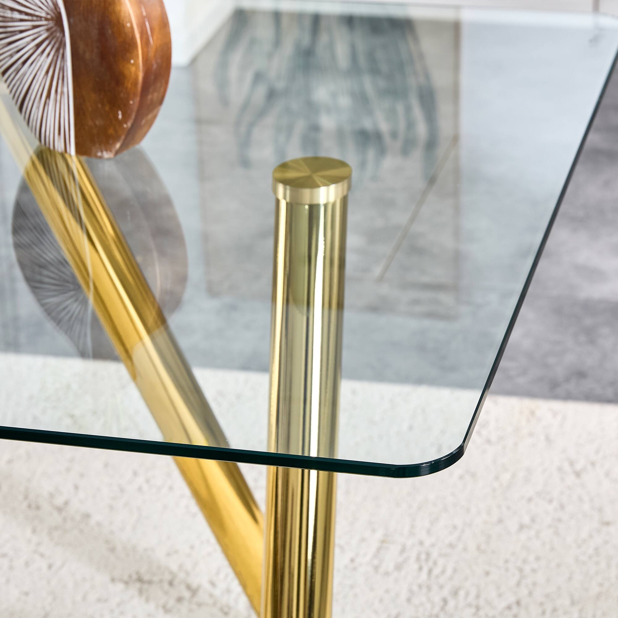 Alt View 1. Loheer - Loheer- 5.9 Ft Modern Tempered Glass Dining Table with Sturdy Metal Legs for Large Family - Gold.