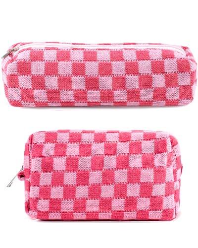 Front. Vulpecula Spade - 2Pcs Checkered Cosmetic Bag Pencil Case Small Makeup Bag for Purse Cute Makeup Pouch Pink Pencil Pouch Makeup Bag Makeup - Aa-pink checkered.