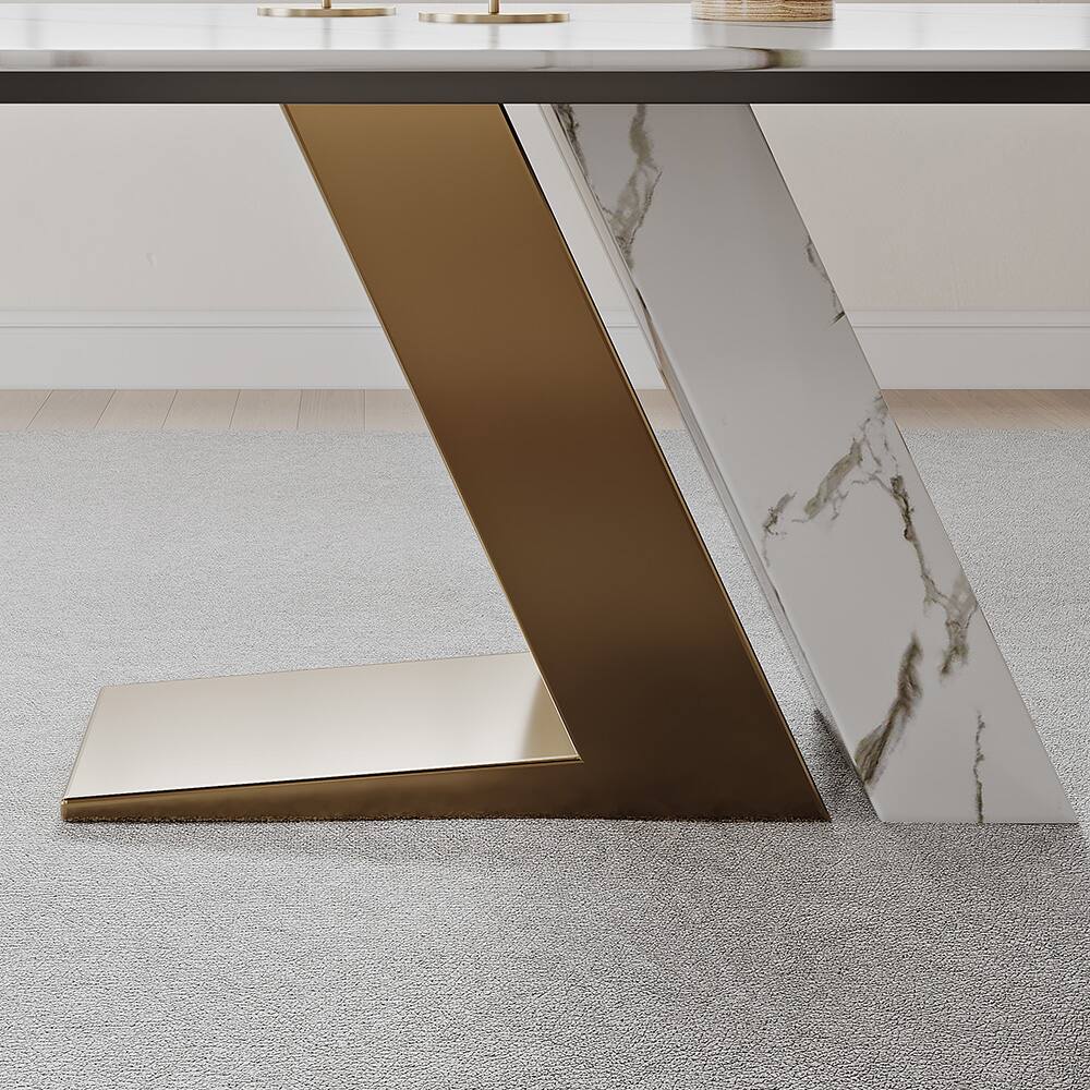 Alt View 1. POVISON - 71"Modern Glossy White Sintered Stone Rectangular Dining Table for 4-6, White & Gold Z-shaped Stainless Steel Base - White & Gold.