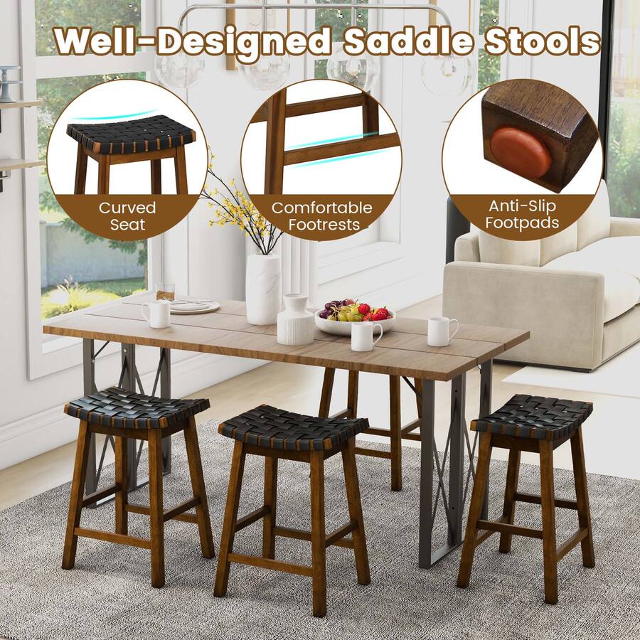 Costway Woven Saddle Stools Set of Faux PU Leather Counter