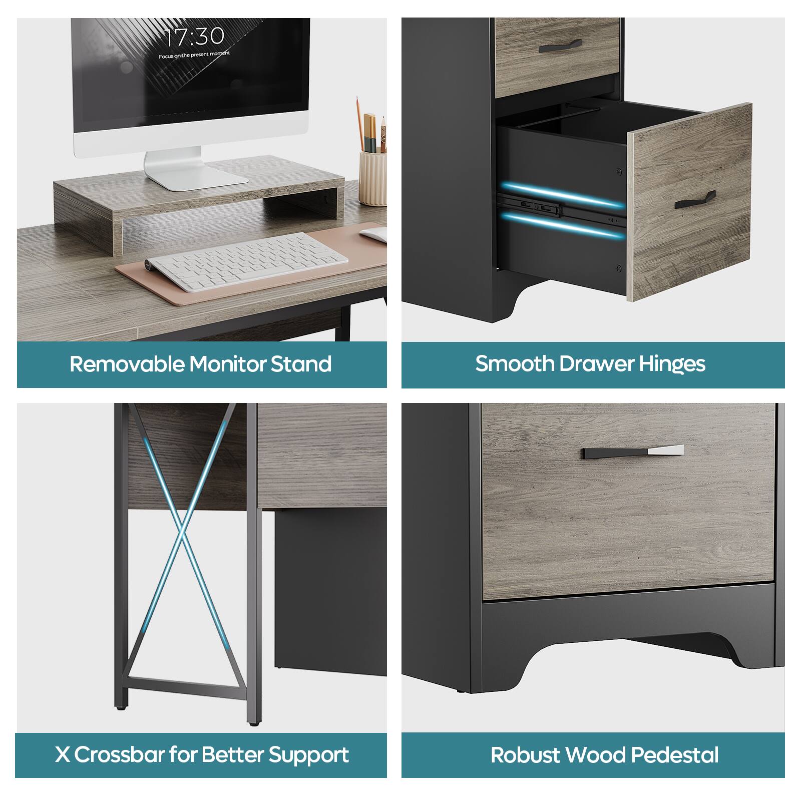 Group:

* Removable Monitor Stand
* Smooth Drawer Hinges
* X Crossbar for Better Support
* Robust Wood Pedestal

Corrected text:

* Removable Monitor Stand
* Smooth Drawer Hinges
* X Crossbar for Better Support
* Robust Wood Pedestal