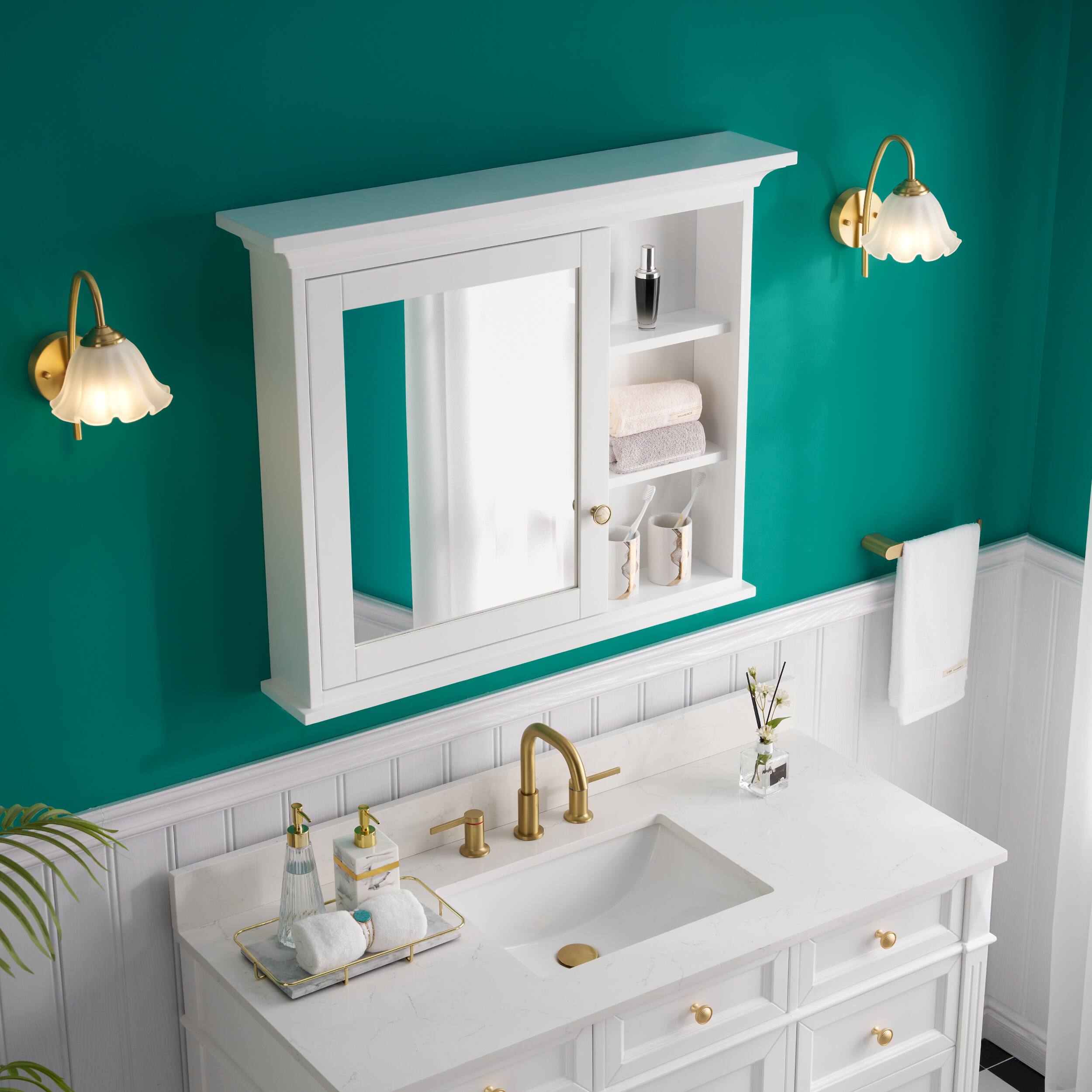 Left. WELLFOR - 36 in. W x 30 in. H Rectangular Solid Wood Medicine Cabinet with Mirror - White.