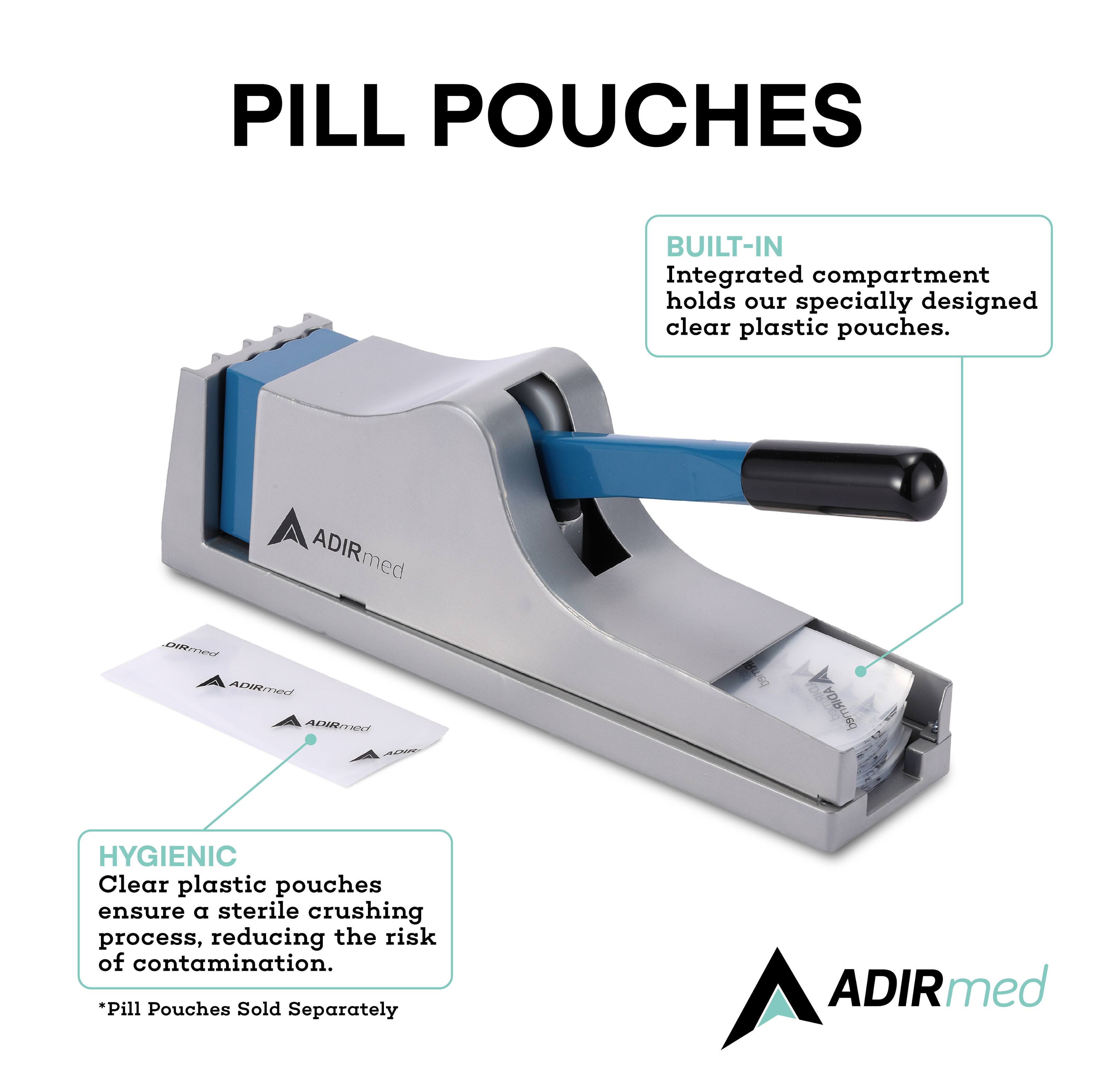 PILL POUCHES
BUILT-IN Integrated compartment holds our specially designed clear plastic pouches.
ADIRmed
HYGIENIC Clear plastic pouches ensure a sterile crushing process, reducing the risk of contamination.
*Pill Pouches Sold Separately
ADIRmed