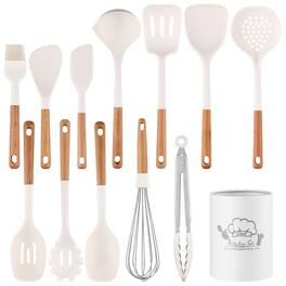 Sugift - 13-Piece Silicone Kitchen Utensils with Wooden Handles Set - White