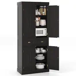 Gymax - 72'' Kitchen Pantry Storage Cabinet Tall Freestanding Cupboard w/ 4 Doors Large Drawer Brown - Espresso