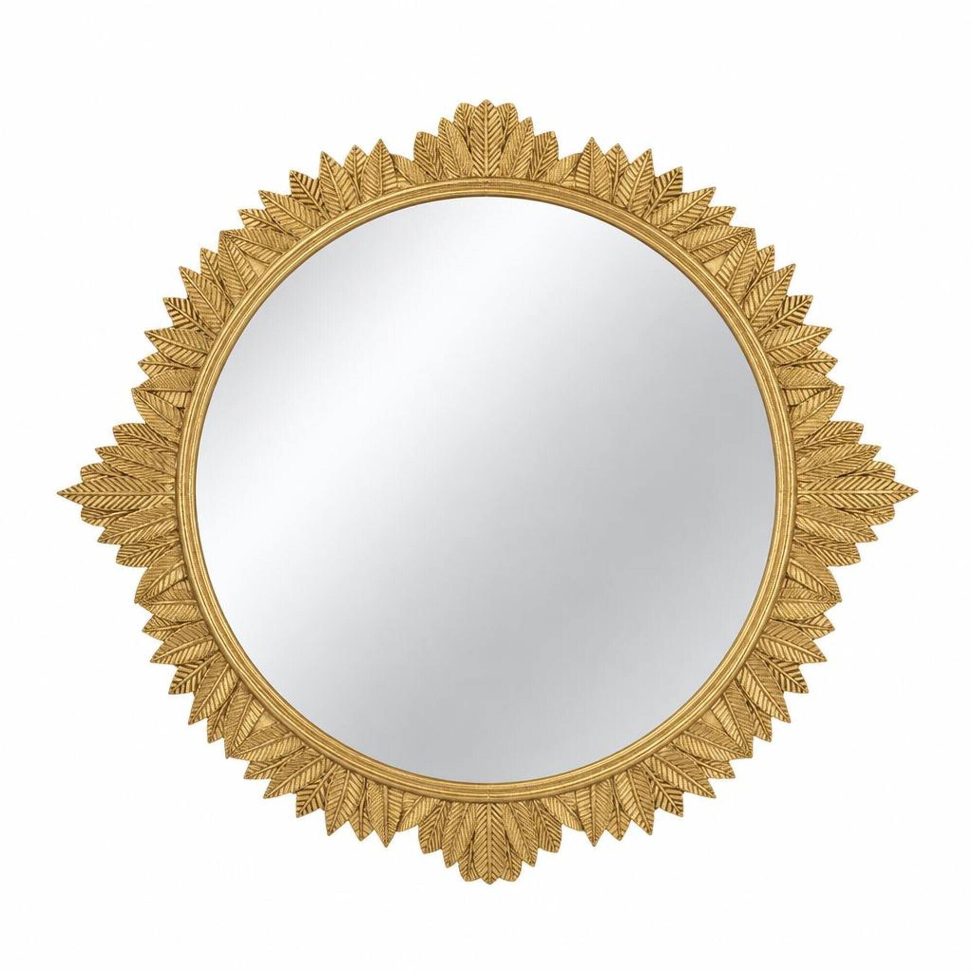 Front. RYHNUYNE - Round Wall Mirror, 35.5 x 31.5 in, Ornate Gold Frame, MDF, Vintage Rococo Style, Living Room and Bedroom - Gold.