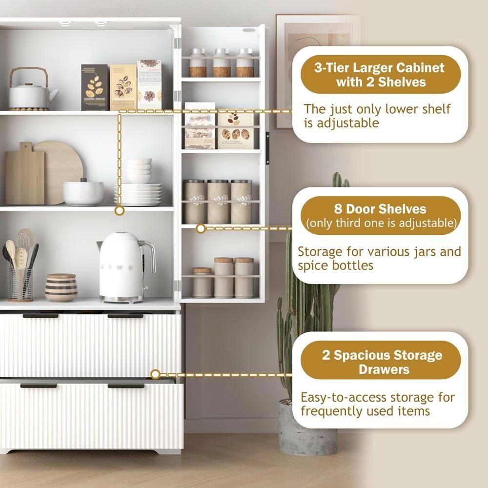 3-Tier Larger Cabinet with 2 Shelves  
The just only lower shelf is adjustable  

8 Door Shelves  
(only third one is adjustable)  
Storage for various jars and spice bottles  

2 Spacious Storage Drawers  
Easy-to-access storage for frequently used items