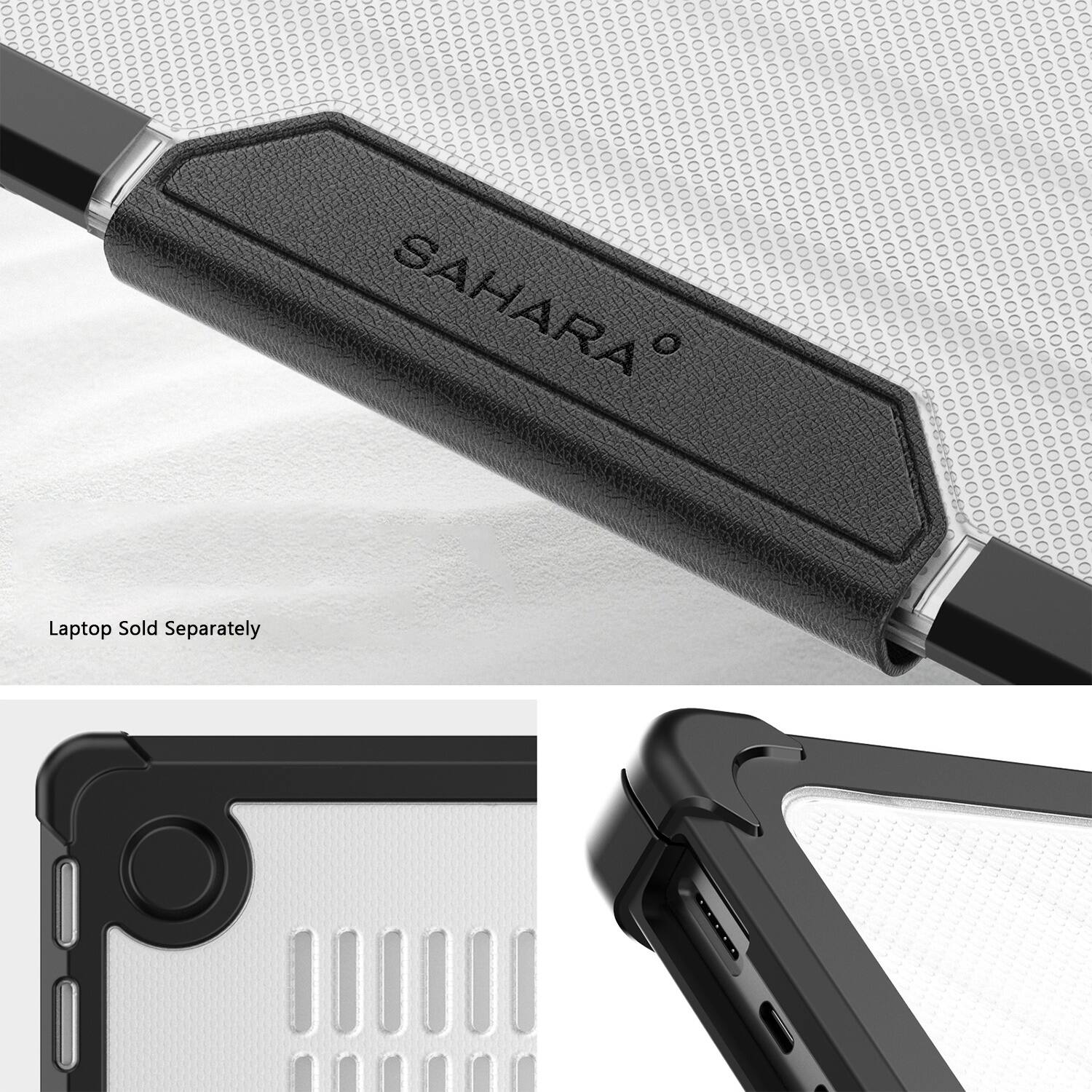 The image features a laptop case with the Sahara logo on it. The case is black and white, and it is designed to fit a laptop. The case is shown in various positions, including a close-up view, a side view, and a top view. The Sahara logo is prominently displayed on the case, indicating that it is a Sahara product. The laptop itself is not visible in the image, as it is sold separately.