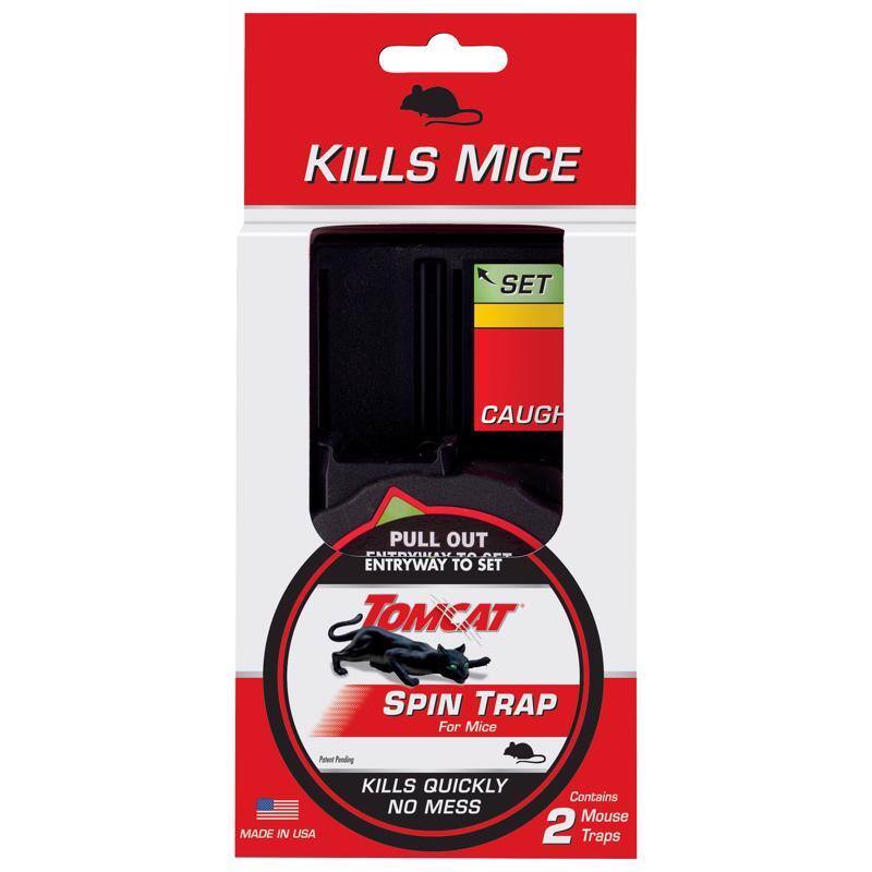 Kills Mice  
Set Catch Pull Out Entryway to Set  
Tomcat Spin Trap for Mice  
Potent Pooding  
Made in USA  
Kills Quickly  
No Mess  
Contains 2 Mouse Traps