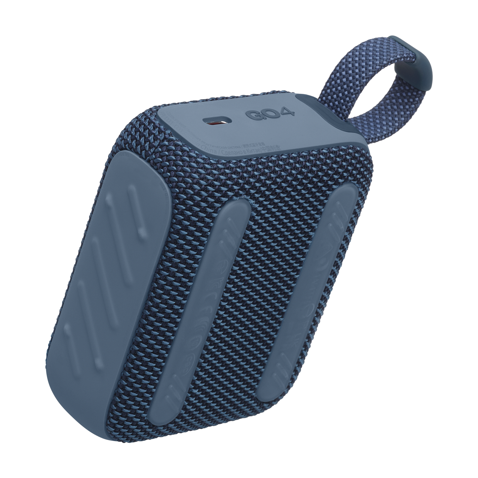 The image features a blue and gray speaker with a blue strap. The speaker is made by GO4.