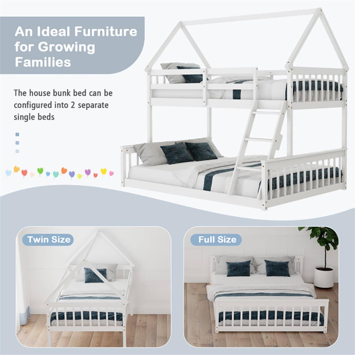 An Ideal Furniture for Growing Families

The house bunk bed can be configured into 2 separate single beds

Twin Size

Full Size