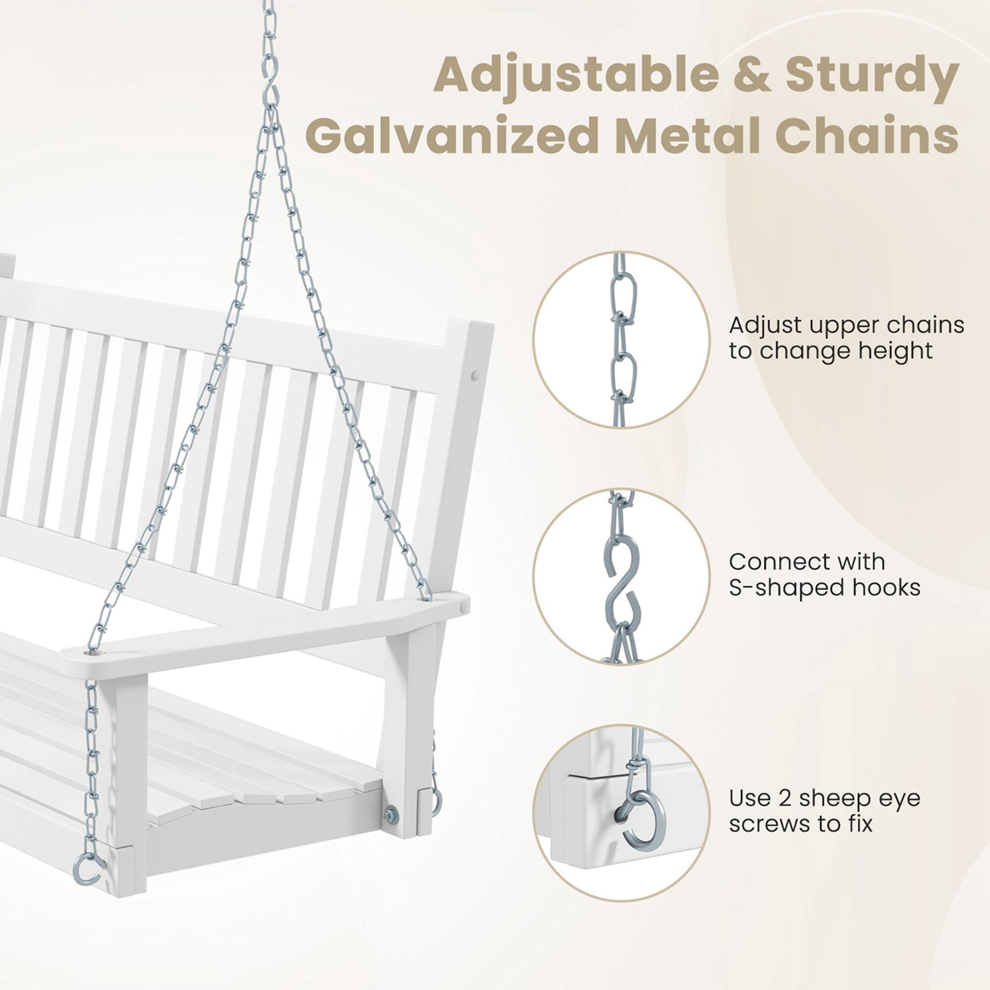 Adjustable & Sturdy Galvanized Metal Chains: Adjust upper chains to change height. Connect with S-shaped hooks. Use 2 sheep eye screws to fix.