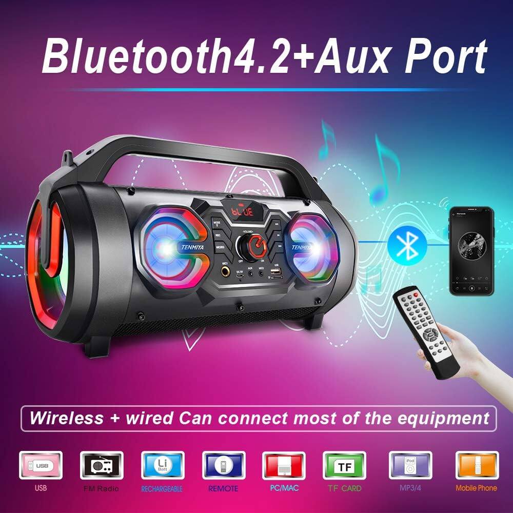 Bluetooth 4.2 + Aux Port

Wireless + wired Can connect most of the equipment

- USB
- FM Radio
- Rechargeable
- Remote
- PC/MAC
- TF Card
- MP3/4
- Mobile Phone