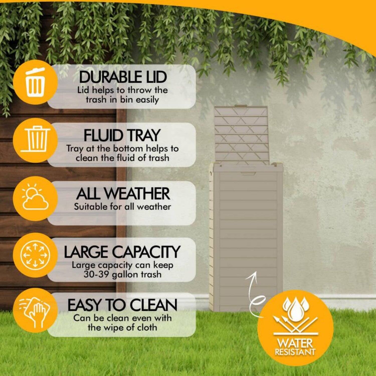 - DURABLE LID: Lid helps to throw the trash in bin easily
- FLUID TRAY: Tray at the bottom helps to clean the fluid of trash
- ALL WEATHER: Suitable for all weather
- LARGE CAPACITY: Large capacity can keep 30-39 gallon trash
- EASY TO CLEAN: Can be clean even with the wipe of cloth
- WATER RESISTANT
