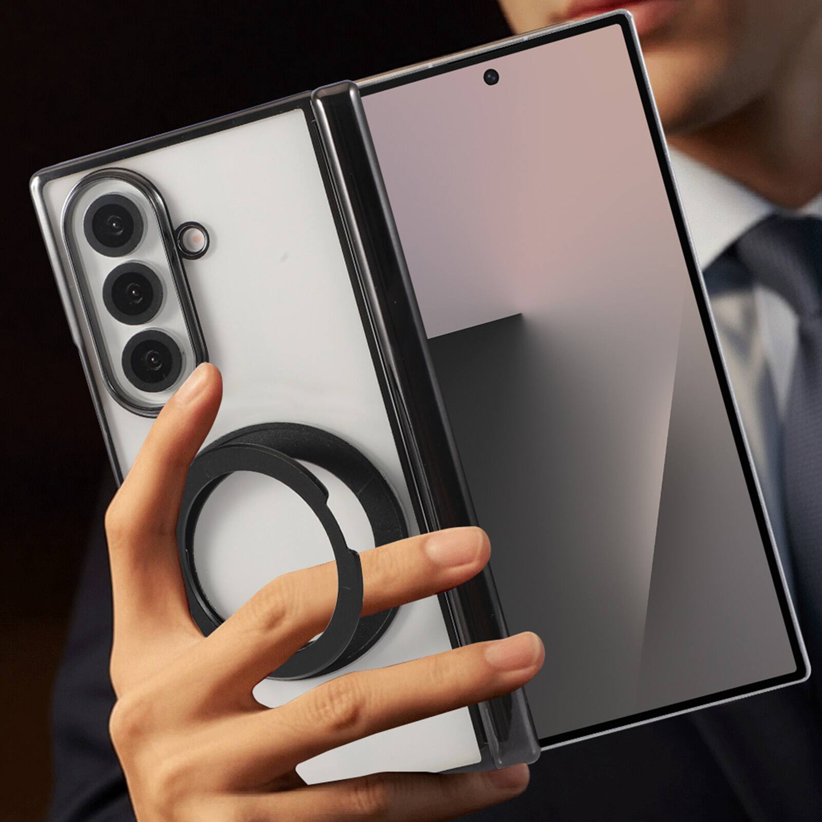 Alt View 2. Dteck - Electroplated Frame Case for Samsung Galaxy Z Fold7 with Kickstand, Magnetic Clear Rigid Plastic Hinge Protection Cover - Silver.