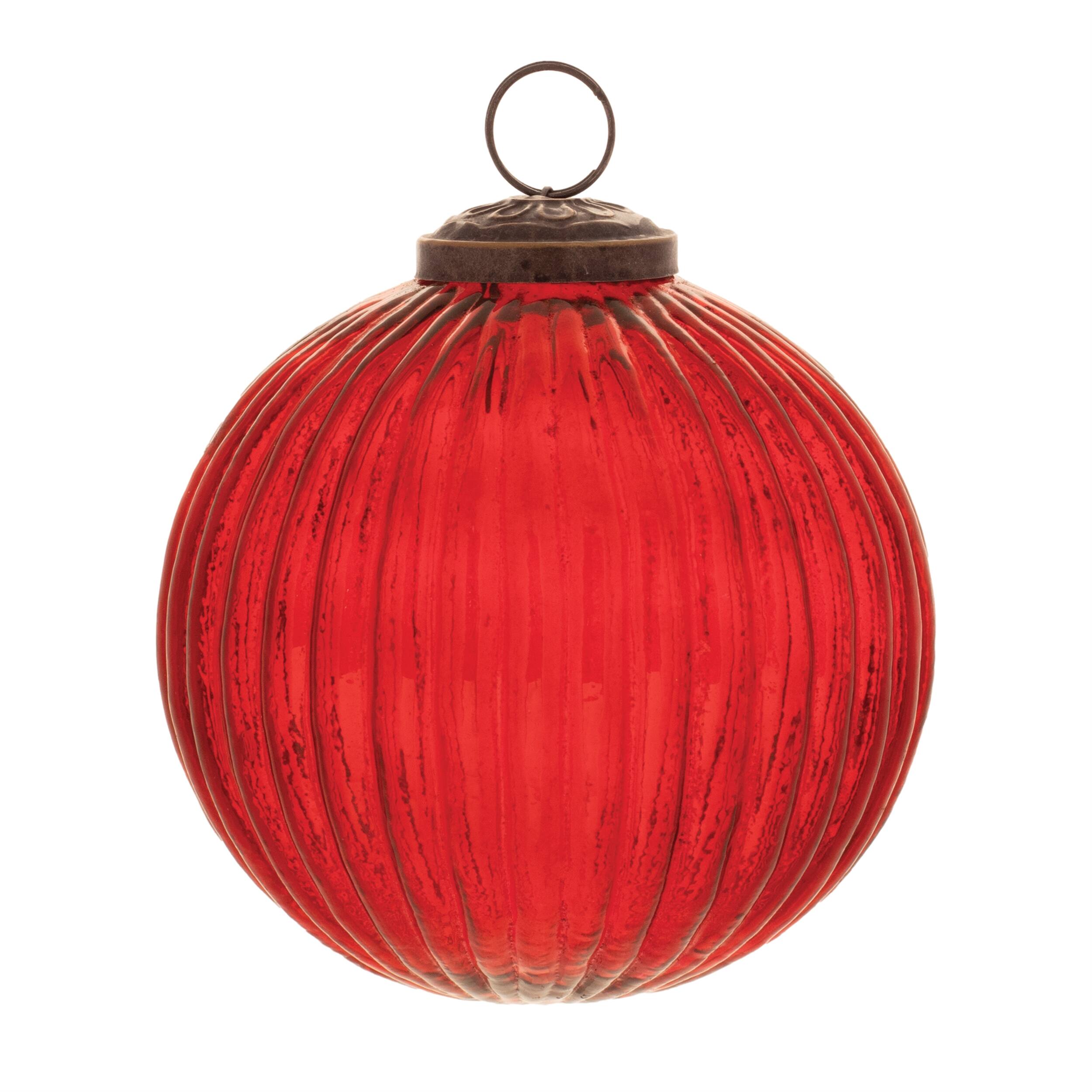 Left. BreeBe - Ribbed Glass Ball Ornament (Set of 12) - Red.