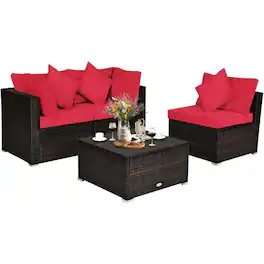 Pefilos - 4 Pieces Patio Rattan Wicker Furniture Set with 2 Corner Sofas, Cushioned Sofa Furniture Set, Patio Conversation Sofa - Red