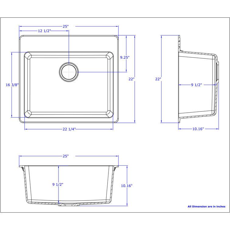 12 1/2"  
25"  
9.25"  
16 3/8"  
22"  
22"  
9 1/2"  
22 1/4"  
10.16"  
25"  
9 1/2"  
10.16"  

All dimensions are in inches.