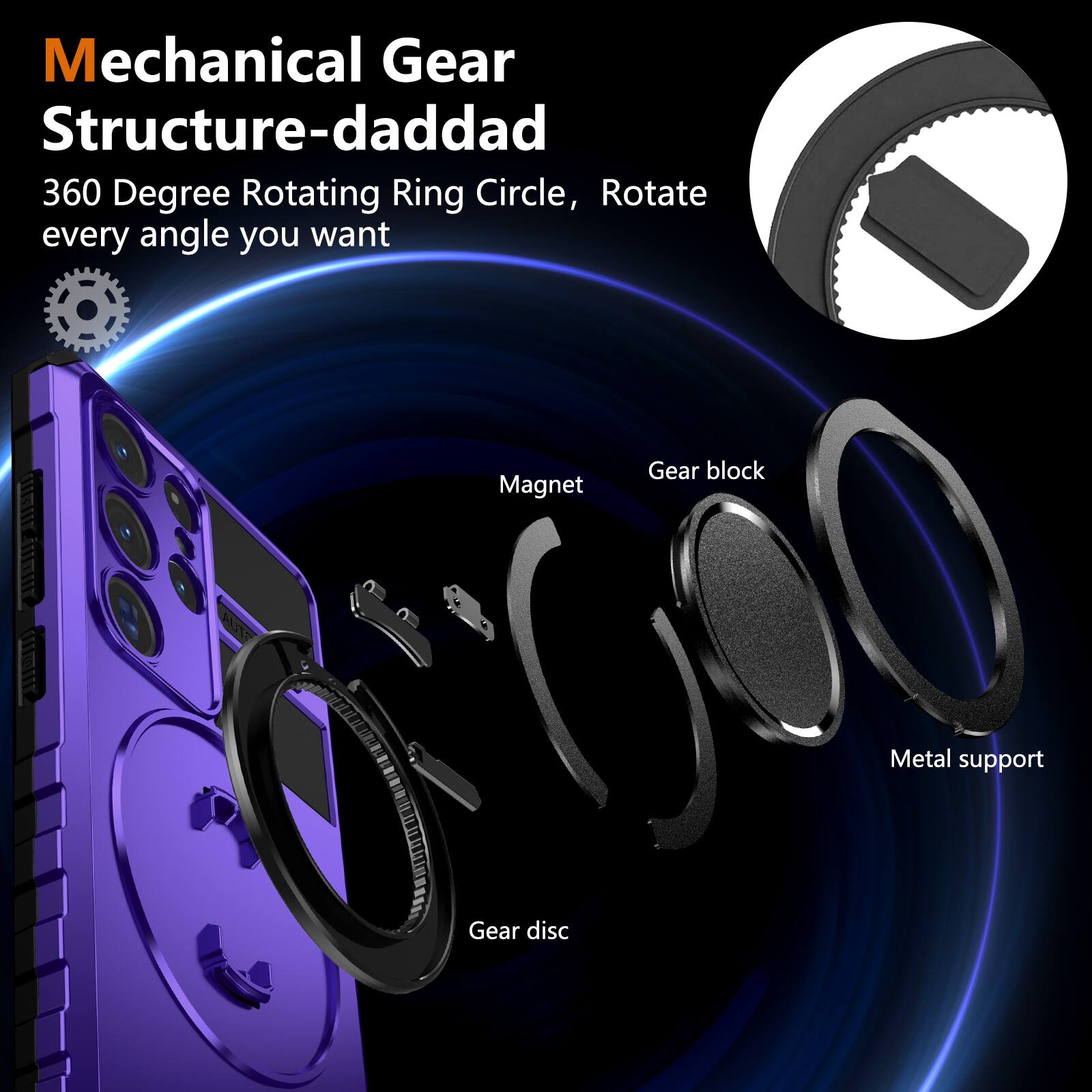 Mechanical Gear Structure-daddad  
360 Degree Rotating Ring Circle, Rotate every angle you want  

- Magnet  
- Gear block  
- Metal support  
- Gear disc