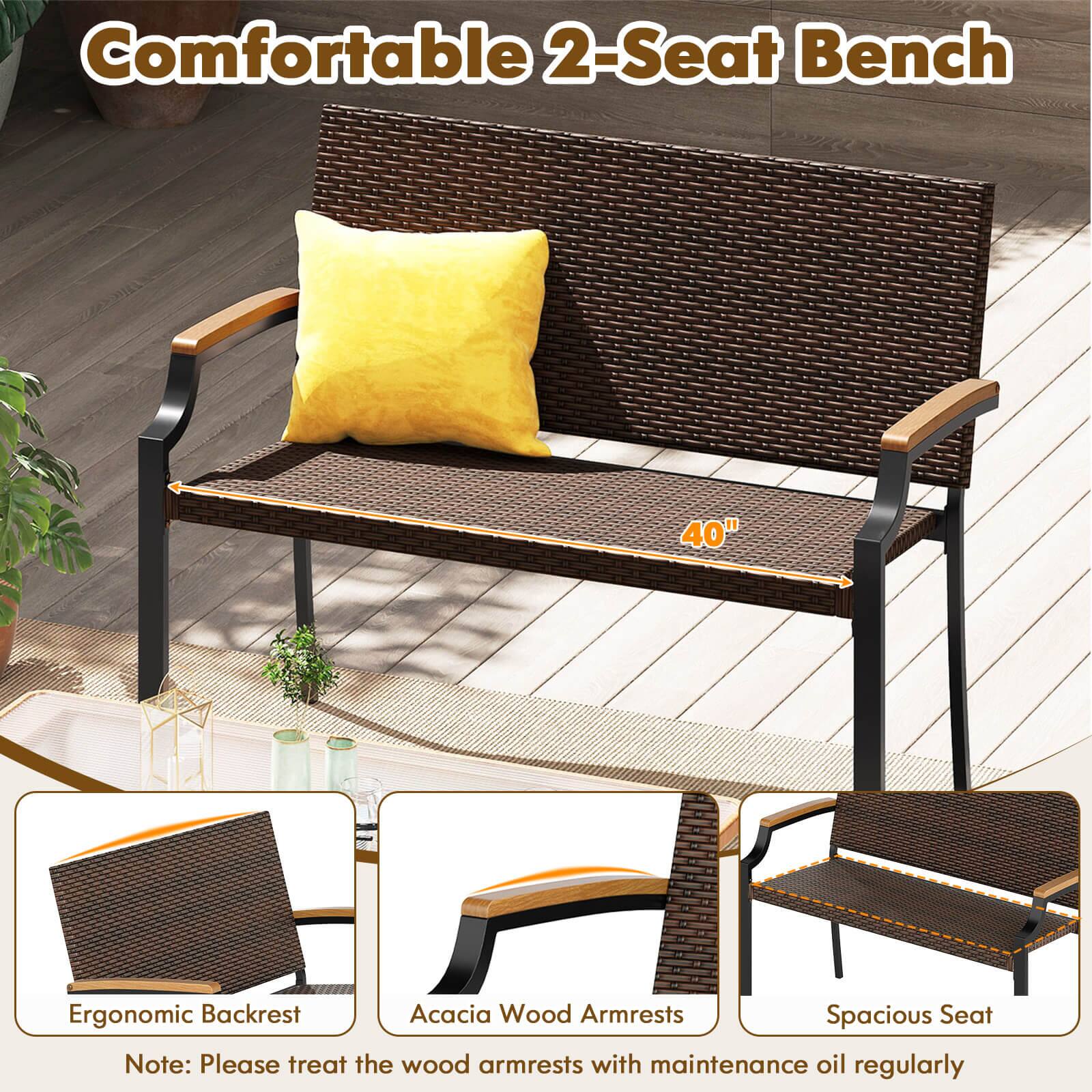 Comfortable 2-Seat Bench

40"

Ergonomic Backrest

Acacia Wood Armrests

Spacious Seat

Note: Please treat the wood armrests with maintenance oil regularly