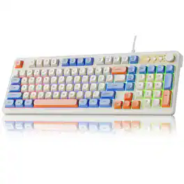 Comfort Essence - Eweadn G98 Rgb Gaming Wired Retro Creamy Membrane Keyboards With Media Knob Number Pad Backlit Quite Computer - White&Blue