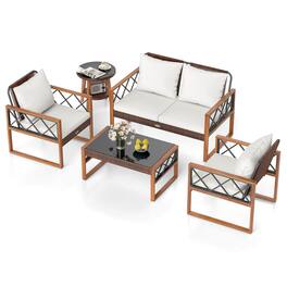 Costway - 5 PCS PE Wicker Patio Furniture Set with Acacia Wood Frame Cushions for Deck Garden - Mix Brown,Off-White
