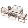 Costway - 5 PCS PE Wicker Patio Furniture Set with Acacia Wood Frame Cushions for Deck Garden - Mix Brown,Off-White