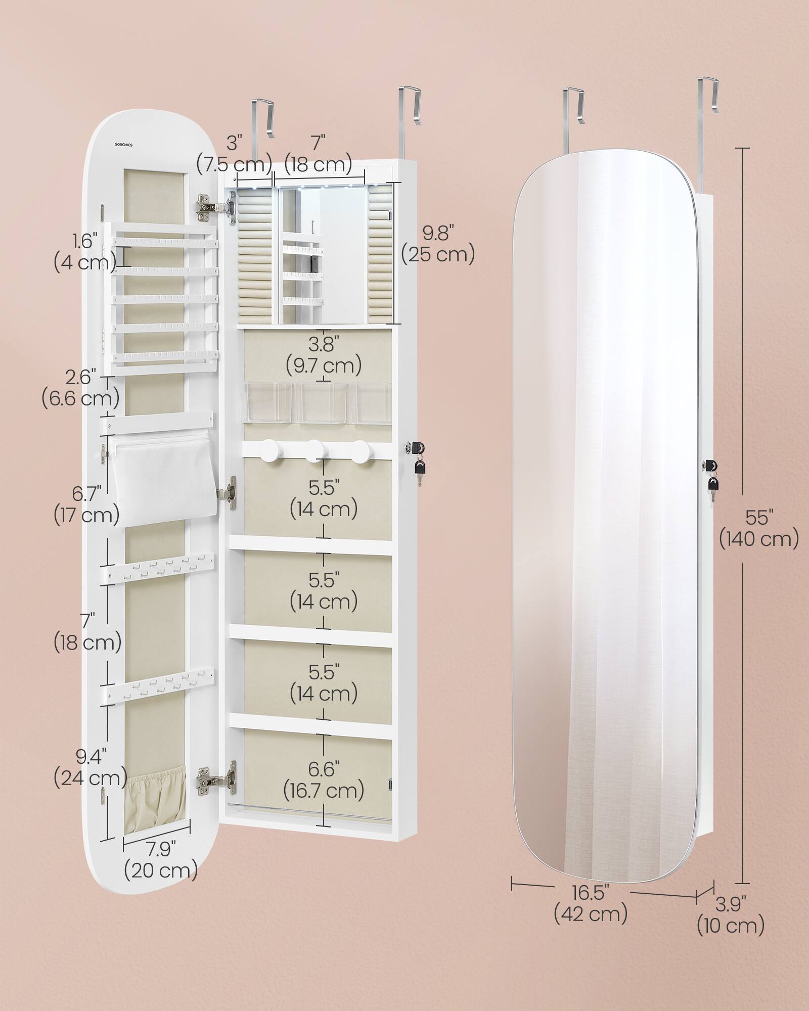 3" (7.5 cm) (18 cm)  
1.6" (4 cm)  
9.8" (25 cm)  
2.6" (6.6 cm)  
3.8" (9.7 cm)  
6.7" (17 cm)  
7" (18 cm)  
5.5" (14 cm)  
5.5" (14 cm)  
5.5" (14 cm)  
55" (140 cm)  
9.4" (24 cm)  
6.6" (16.7 cm)  
7.9" (20 cm)  
16.5" (42 cm)  
3.9" (10 cm)