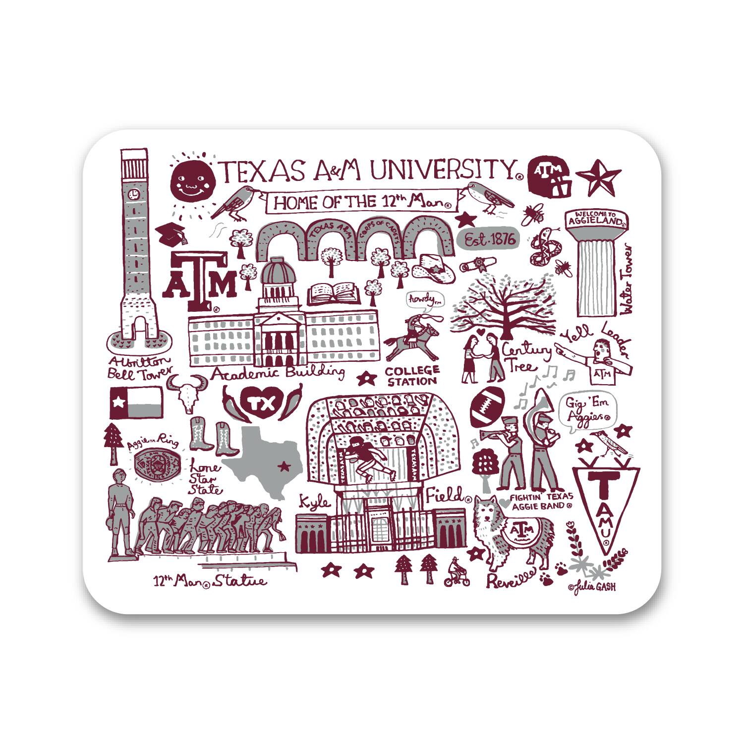 TEXAS A&M UNIVERSITY  
HOME OF THE 12th Man  
Est. 1876  

ATM  
howdy..  
Wlater Yell Looder Albiittan  
Century COLLEGE  
Bell Tower  
Academic Building  
STATION  

TX  
12.00  
Gig 'Em onano Aggiaro  
90-00212  
Agyie..  
Ring Lone Star State  
Field  
FIGHTIN TEXAS  
Kyle AGGIE BAND  
12th Mano Statue  
Reveil9a  
ofulia GASH