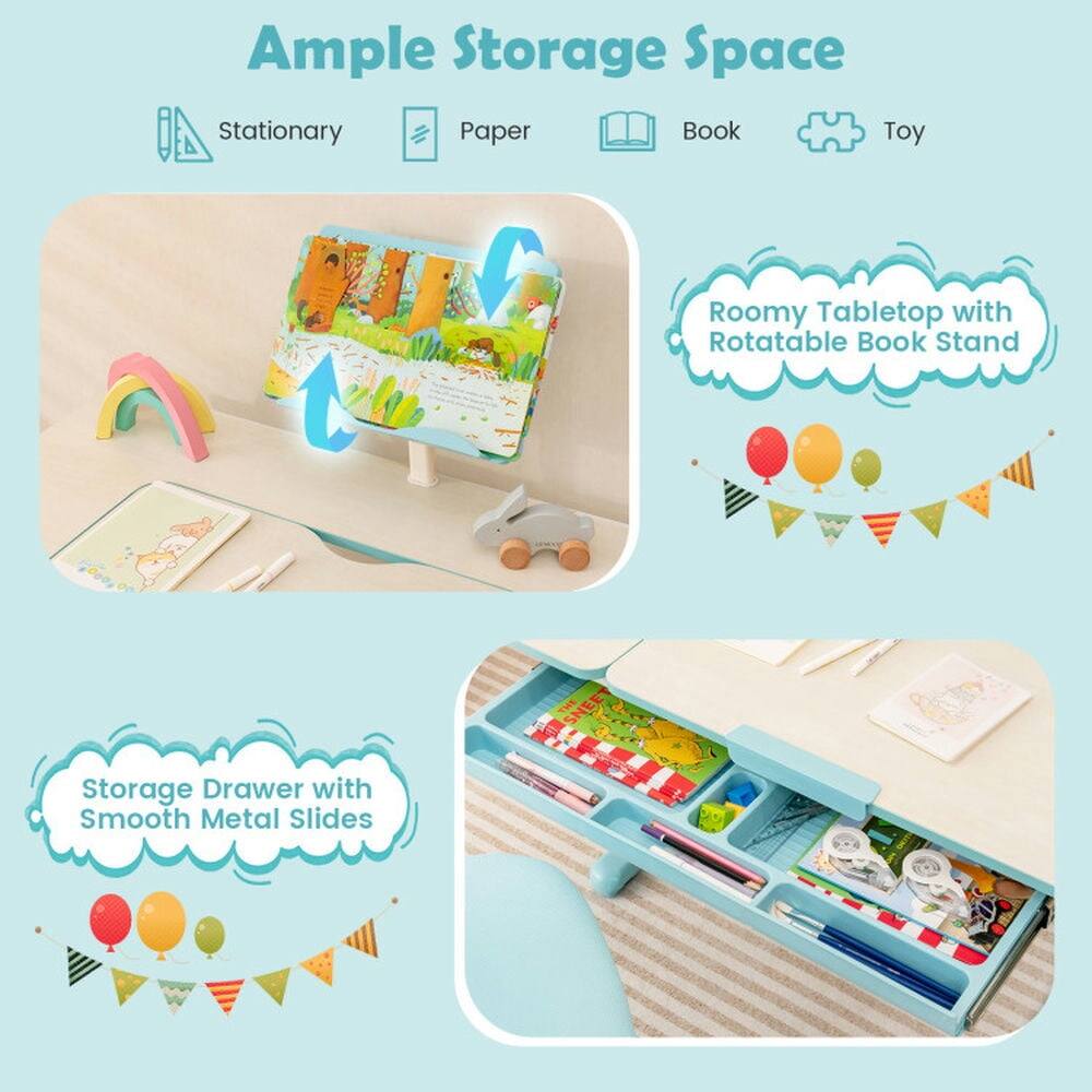 Ample Storage Space  
Stationary Paper Book Toy  
Roomy Tabletop with Rotatable Book Stand  
Storage Drawer with Smooth Metal Slides