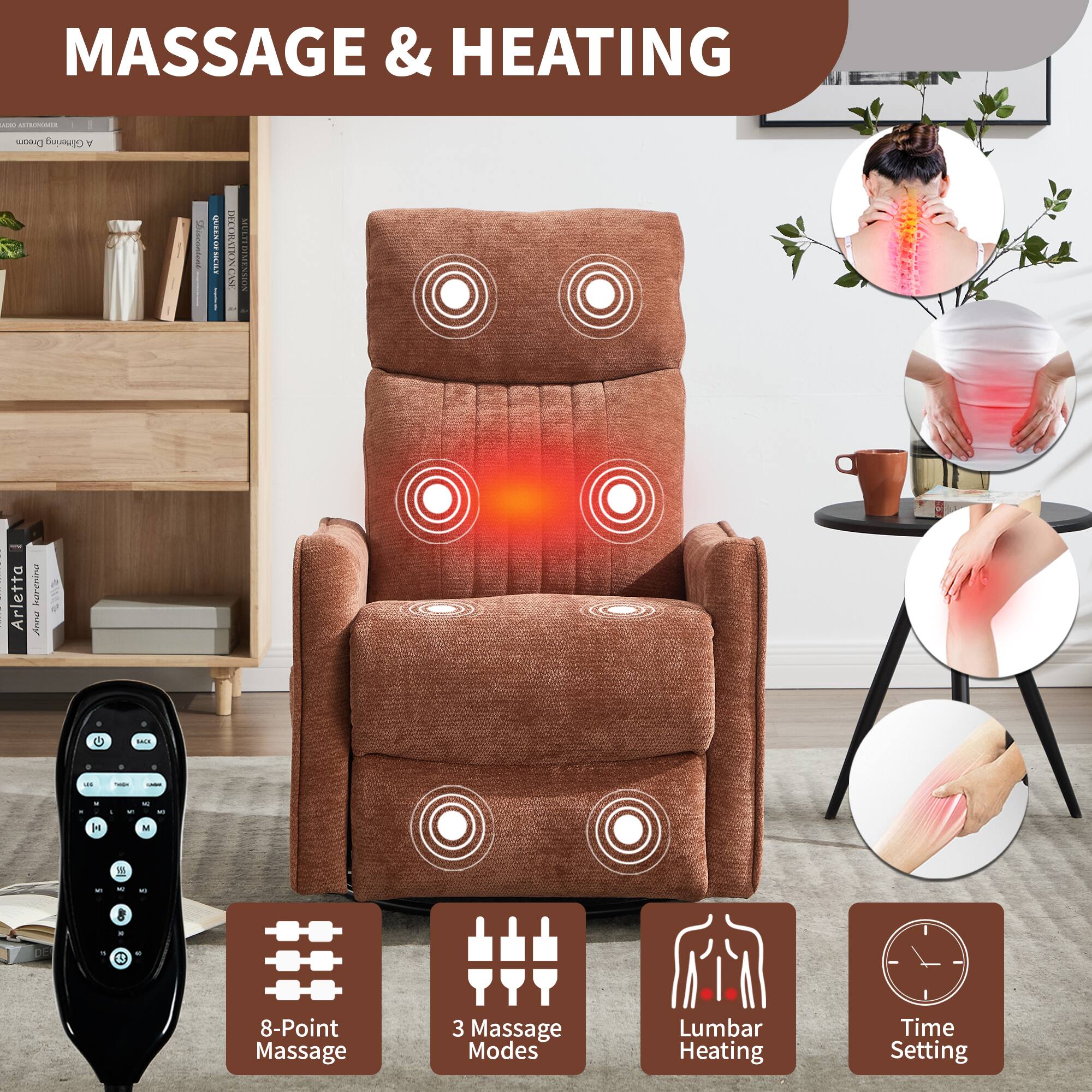 MASSAGE & HEATING

- 8-Point Massage
- 3 Massage Modes
- Lumbar Heating
- Time Setting