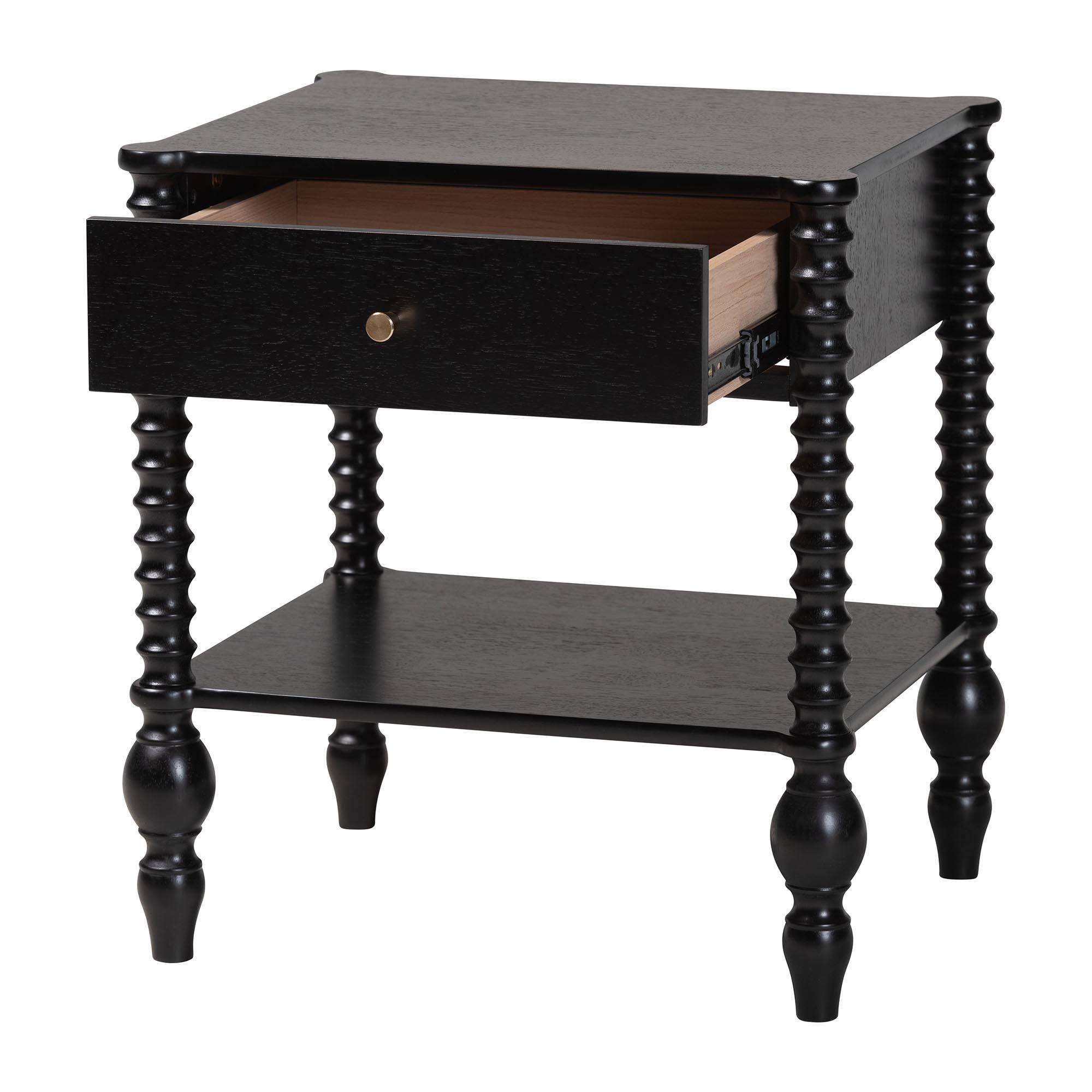 Angle. Baxton Studio - Callison Spindle Nightstand - 1-Drawer Farmhouse Bedside Table with Open Shelf Storage and Turned Accents for Bedroom, - Black.