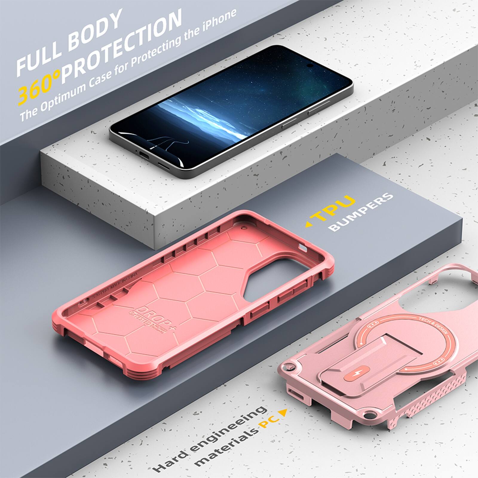 FULL BODY 360° PROTECTION  
The Optimum Case for Protecting the iPhone  

TPU BUMPERS  

Hard engineering materials PC  

TECH DESIGN