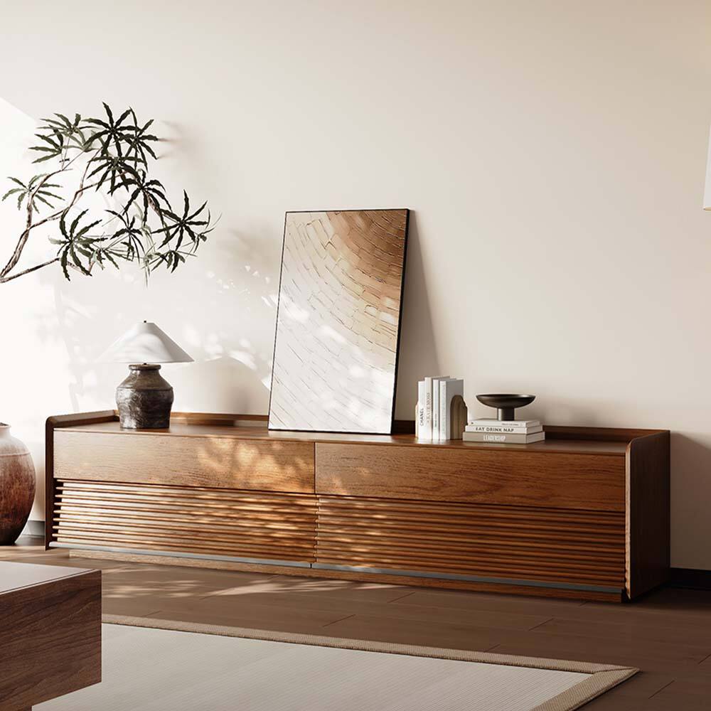 Front. POVISON - 79"Fully-Assembled Mid-Century TV Stand, Walnut Modern Cabinet with Adjustable Light, Perfect for 75-inch TVs - Walnut.