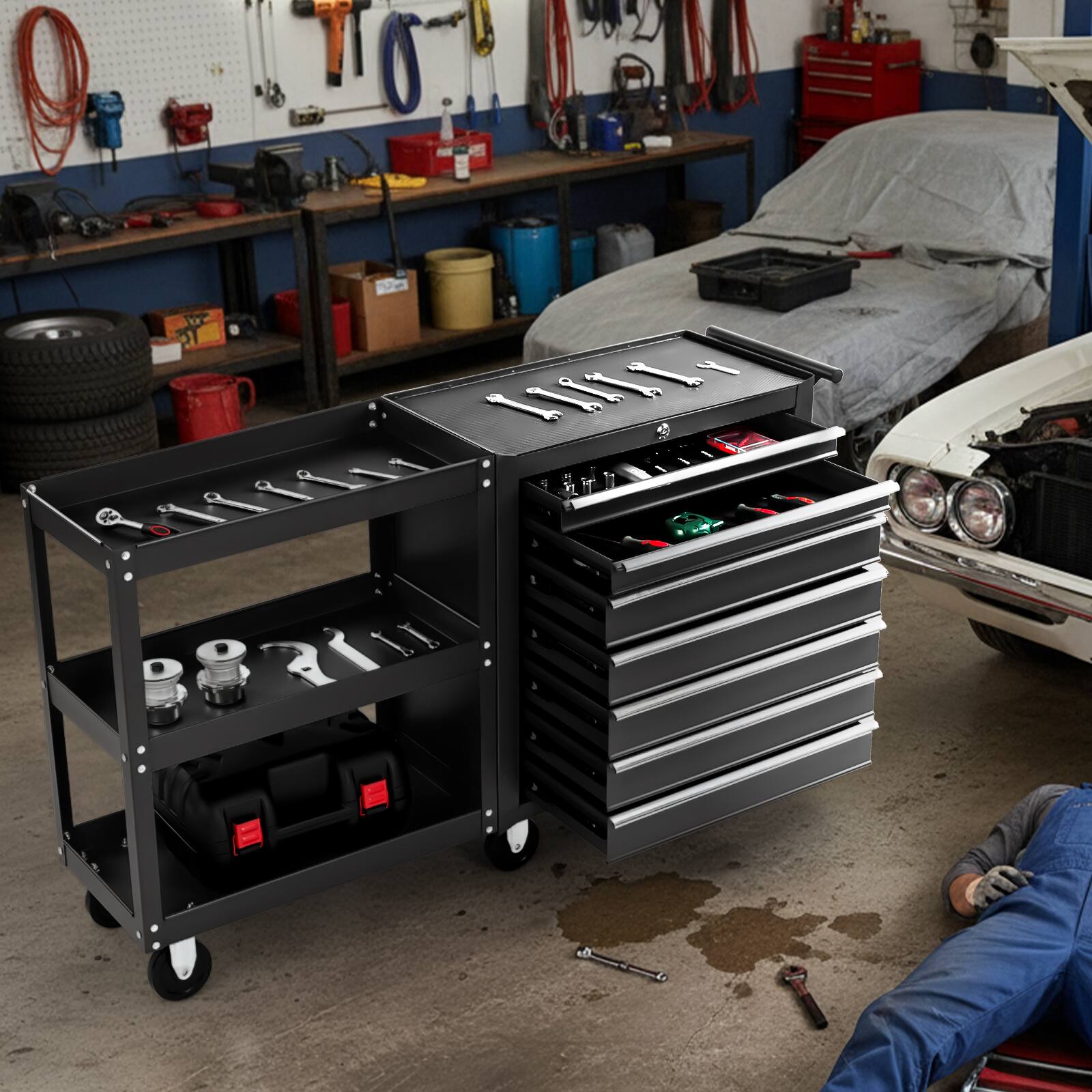 Alt View 1. Winado - 7-Drawer Tool Chest with Side Shelves, Lock & Key, 6 Wheels Tool Box Organizer - Black.