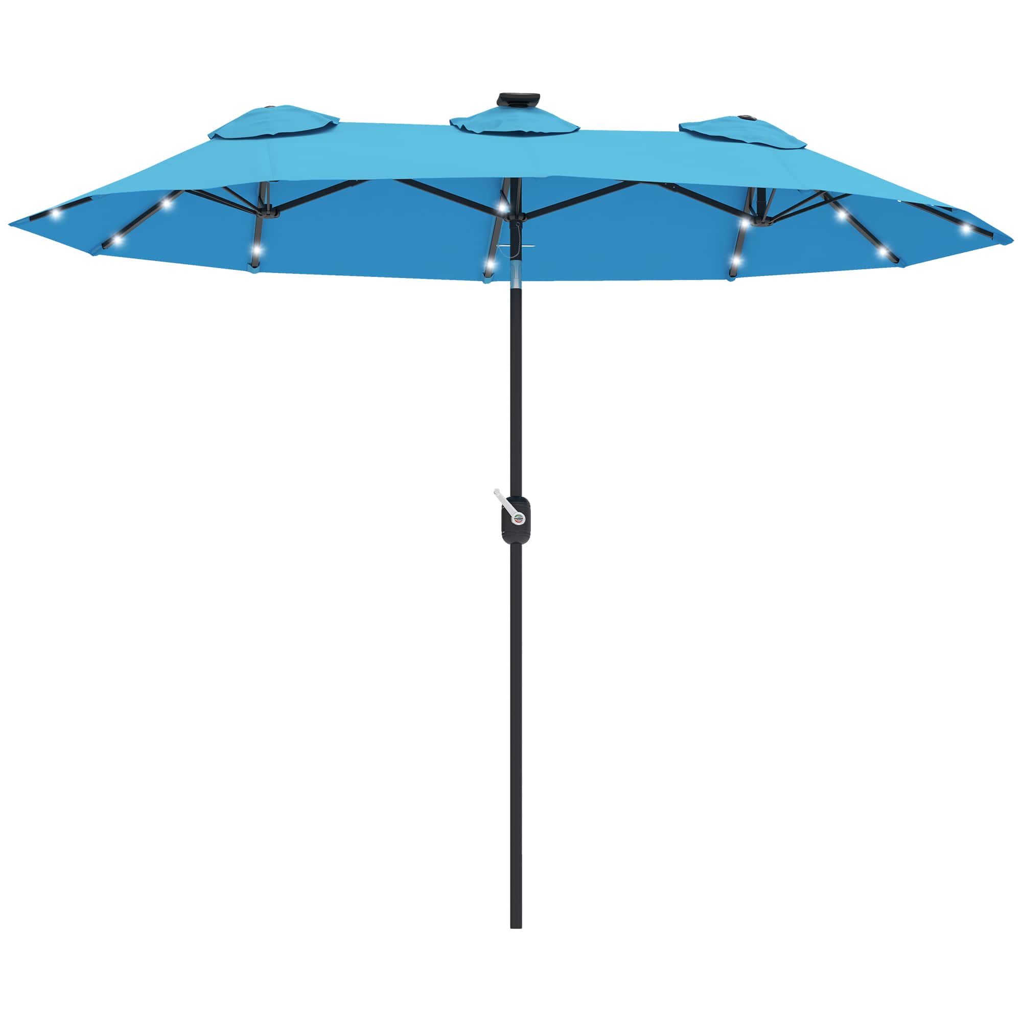 Outsunny - Patio Umbrella, 9.7' Outdoor Umbrella with Tilt and Crank, LED Solar Light and 12 Ribs - Light Blue