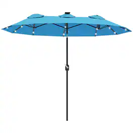 Outsunny - Patio Umbrella, 9.7' Outdoor Umbrella with Tilt and Crank, LED Solar Light and 12 Ribs - Light Blue