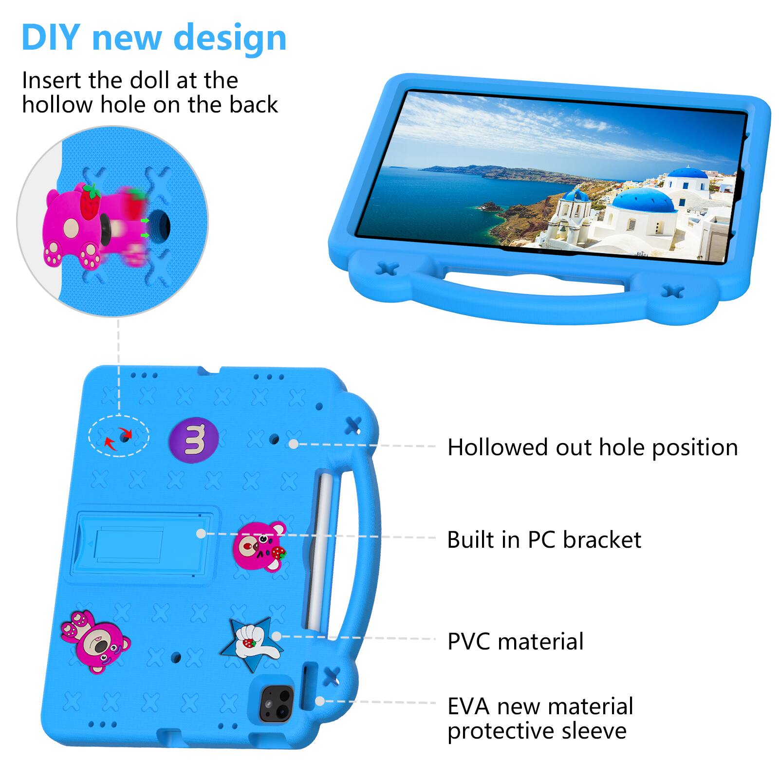 DIY new design  
Insert the doll at the hollow hole on the back  
3 X Hollowed out hole position  
Built in PC bracket  
PVC material  
EVA new material protective sleeve